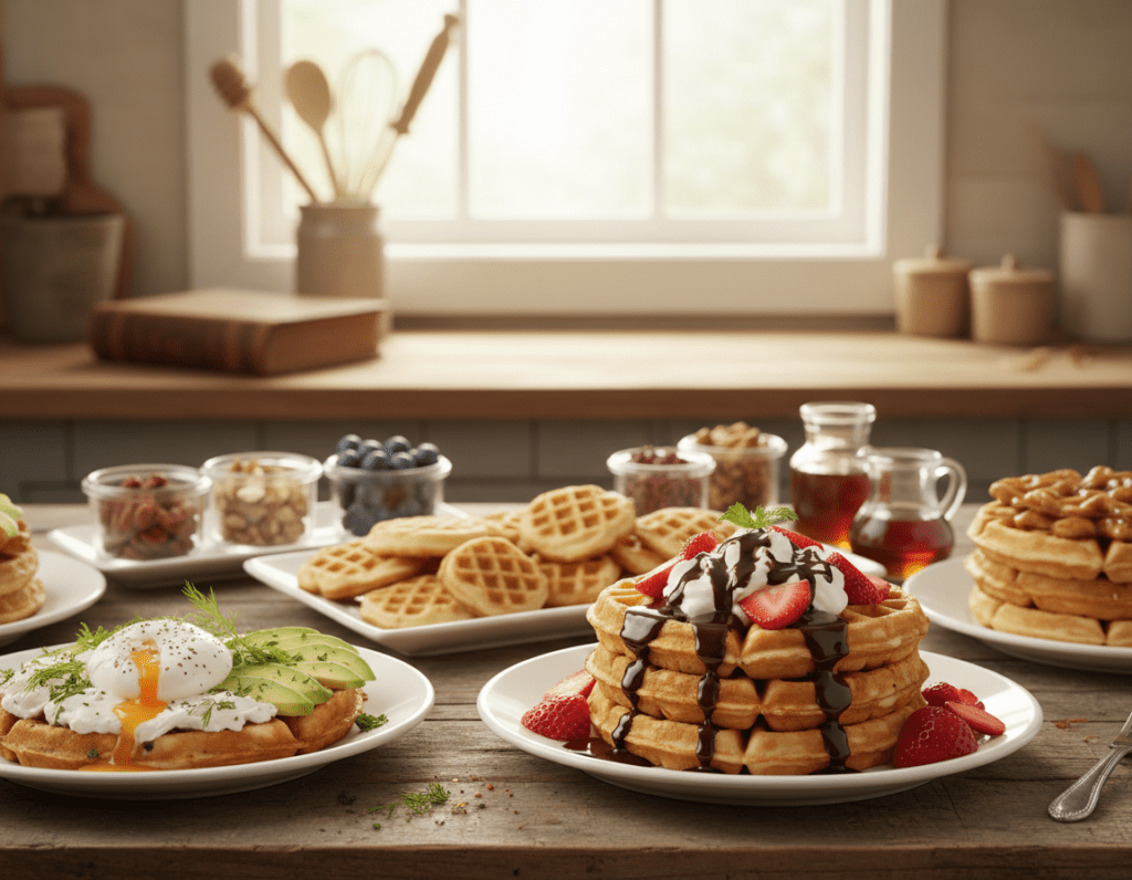 A beautifully arranged table showcasing a variety of creative waffle recipes inspired by traditional favorites. In the foreground, a fluffy golden-brown waffle topped with fresh strawberries, whipped cream, and a drizzle of chocolate sauce. Nearby, a savory waffle with avocado slices, poached egg, and a sprinkle of herbs. In the middle ground, a plate of mini waffles presented with assorted toppings including berries, nuts, and syrup jars. The background features a cozy kitchen setting with warm natural light streaming through a window, illuminating a vintage cookbook and utensils. The mood is inviting and homely, encouraging viewers to explore these delicious variations. Use a soft focus lens to enhance warmth and intimacy, creating a mouthwatering atmosphere that draws the eye to the food.