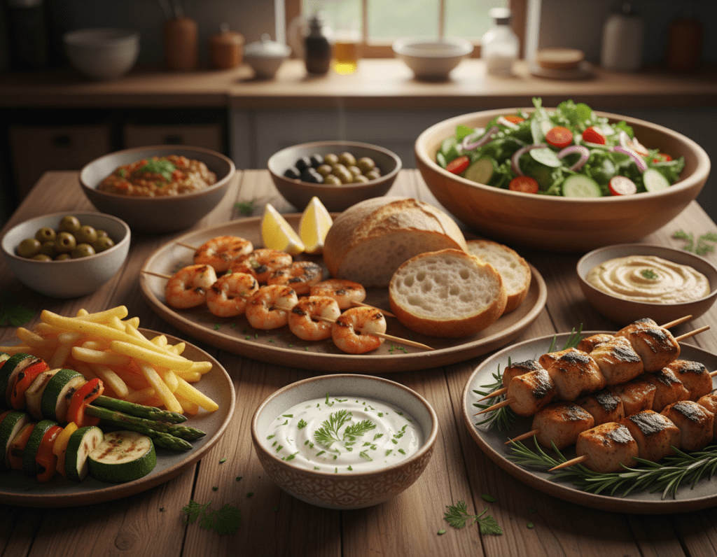 A beautifully arranged table showcasing a variety of dishes paired with garlic sauce. In the foreground, a small bowl of creamy garlic sauce garnished with fresh herbs. Beside it, grilled vegetables, crispy fries, and marinated meats display the perfect pairings. In the middle, a platter of grilled shrimp skewers, slices of crusty bread, and a fresh garden salad. The background features a softly blurred kitchen setting with warm lighting, highlighting the delicious spread. The angle captures a top-down view to emphasize the variety of meals. The mood is inviting and cozy, perfect for a culinary article, with a warm, natural color palette and soft shadows.