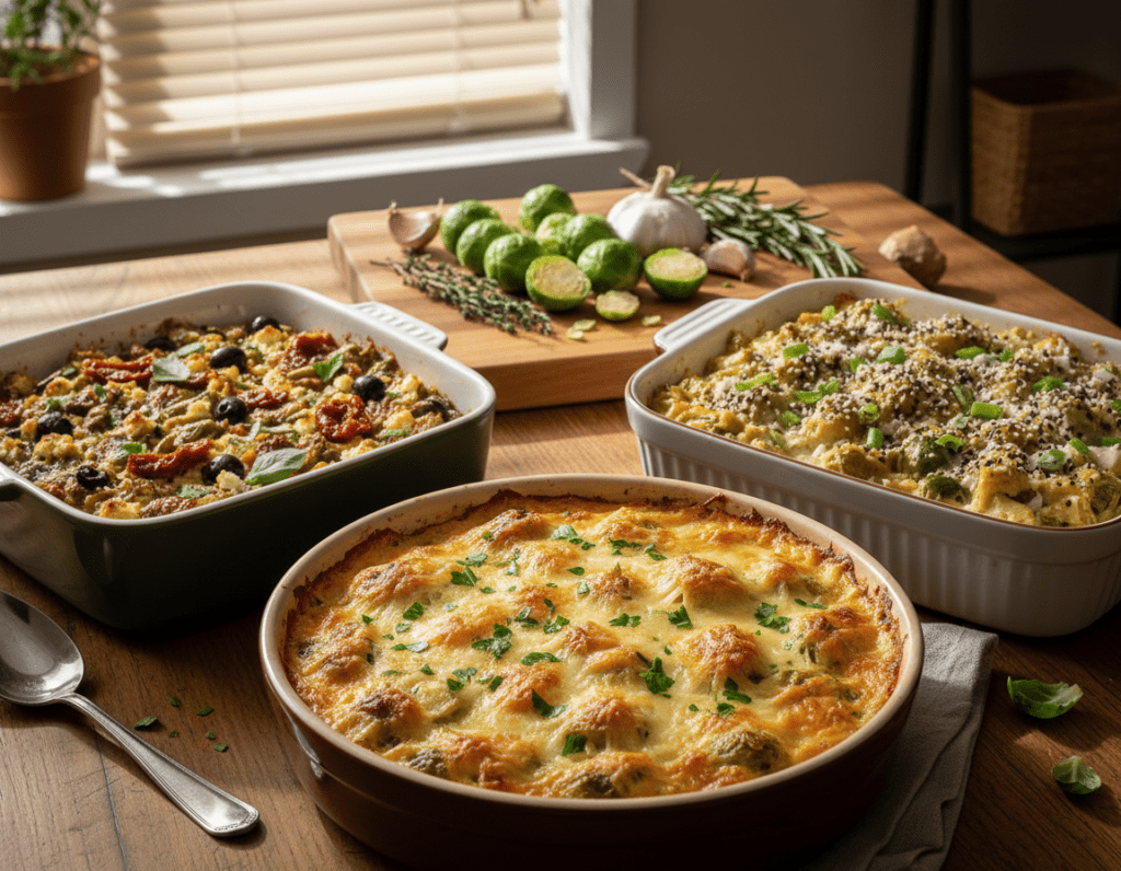 A beautifully arranged table showcasing a variety of international Brussels sprout casseroles. In the foreground, a warm, golden-brown casserole dish with a bubbling cheese crust, topped with parsley. To the left, a vibrant green casserole blended with spices representing a Mediterranean twist, while to the right, a creamy, savory casserole reflecting an Asian influence, garnished with sesame seeds. The background captures a cozy kitchen ambiance with soft, natural lighting filtering through window blinds, illuminating the rich textures of the dishes. A wooden cutting board adorned with fresh Brussels sprouts, garlic, and herbs rests nearby. The mood is inviting and festive, blending culinary creativity with warmth and comfort.