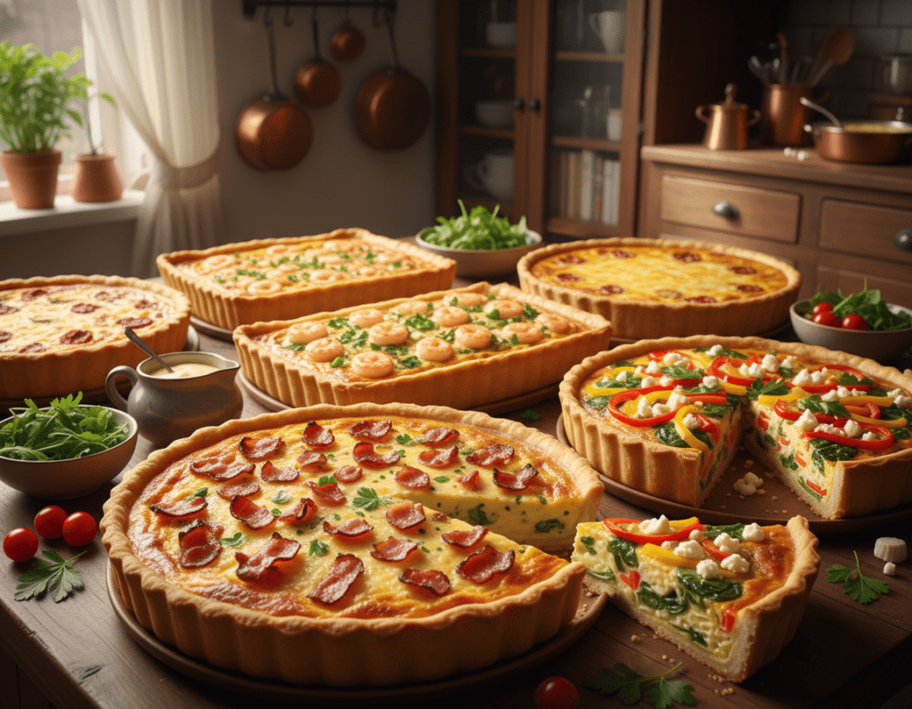 A beautifully arranged table showcasing a variety of quiches, each distinct in flavor and appearance. In the foreground, a classic Quiche Lorraine with crispy bacon and creamy filling, garnished with fresh herbs. Beside it, a colorful vegetable quiche with bright bell peppers and spinach, invitingly sliced to reveal layers of ingredients. The middle ground features a seafood quiche, adorned with shrimp and scallions, and a rich cheese quiche dotted with sun-dried tomatoes. The background is softly blurred, hinting at a cozy kitchen atmosphere with warm wooden cabinets. Soft, diffused natural lighting bathes the scene, creating a warm and inviting ambiance. The angle captures the quiches from a slight overhead perspective, drawing the viewer into the delicious variety of these exquisite dishes.