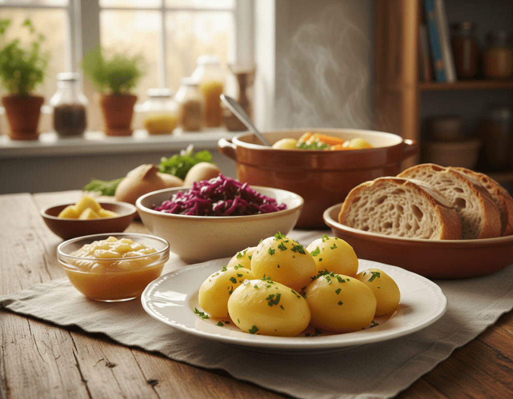 A beautifully arranged table showcasing a variety of side dishes that perfectly complement Möhreneintopf. In the foreground, highlight a vibrant plate of fluffy boiled potatoes, sprinkled with fresh parsley, and a small bowl of tangy apple sauce. In the middle ground, include a colorful medley of pickled red cabbage and a steaming dish of soft, crusty bread, invitingly sliced. The background features a gentle kitchen ambiance with soft natural light filtering through a window, illuminating a rustic wooden table adorned with a simple, elegant cloth. The atmosphere is warm and cozy, evoking a sense of home-cooked comfort, ideal for showcasing traditional German cuisine. Ensure a clear focus on the dishes, with a slight depth of field effect to create an inviting, intimate setting.