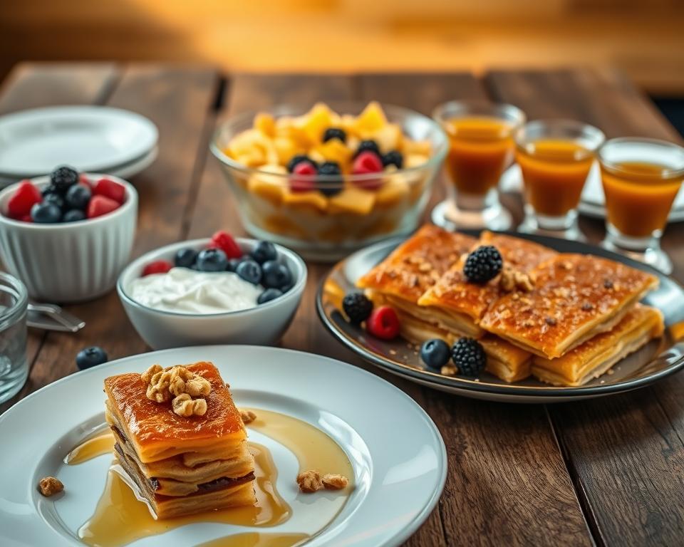 A beautifully arranged table showcasing classic Greek desserts. In the foreground, a plate of Baklava, drizzled with honey and garnished with crushed walnuts, captures attention. Beside it, a small bowl of Greek yogurt topped with fresh honey and an assortment of berries adds a touch of freshness. In the middle, a vibrant dish of Galaktoboureko, golden and flaky, sits invitingly. Surrounding these, small glasses of Ravani, a moist semolina cake soaked in syrup, provide a pop of color. The background features a rustic wooden table and soft, warm lighting that highlights the textures of the desserts, creating a cozy and inviting atmosphere, reminiscent of a traditional Greek taverna. The scene should evoke indulgence and warmth, appealing to those with a sweet tooth.