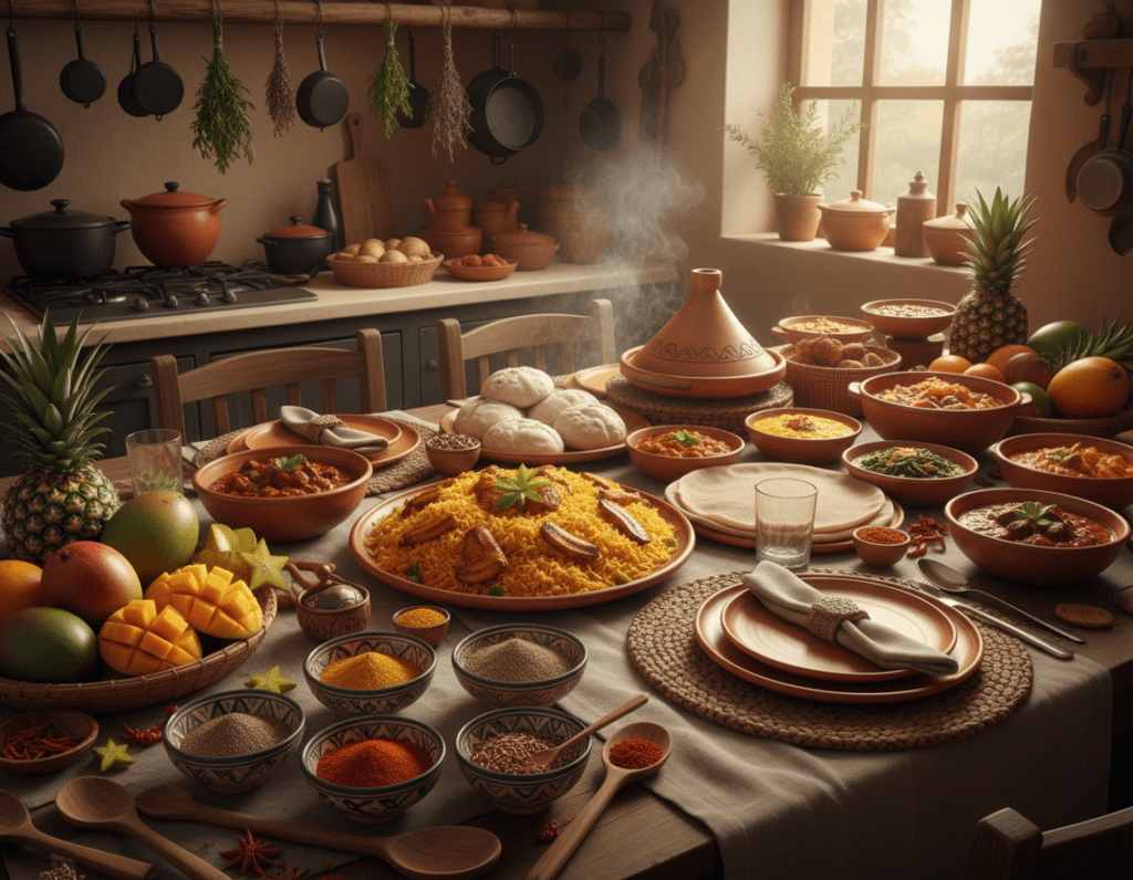 A beautifully arranged table showcasing the diversity of African cuisine, featuring a vibrant spread of traditional dishes such as jollof rice, tagine, injera with lentils, and flavorful stews. In the foreground, colorful spices in decorative bowls, fresh fruits like mango and pineapple, and traditional utensils. The middle ground displays an elegantly set dining table with handcrafted, woven place mats and rustic plates. In the background, a warm, inviting kitchen with clay pots and hanging herbs, softly illuminated by warm, natural lighting, creating a cozy and festive atmosphere. The scene emphasizes a sense of community and celebration, inviting viewers to discover the rich flavors and cultural heritage of African cooking.
