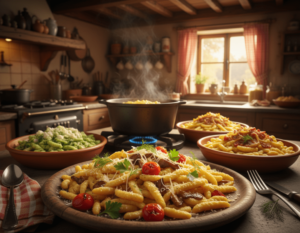 A beautifully arranged table showcasing various creative Spätzle dishes in a cozy, rustic kitchen setting. In the foreground, a wooden platter features golden-brown Spätzle, delicately garnished with fresh herbs and colorful vegetables, including sautéed mushrooms, roasted cherry tomatoes, and a sprinkle of Parmesan cheese. In the middle ground, a pot of creamy cheese sauce simmers on the stove, alongside bowls filled with unique variations like spinach and cheese Spätzle, and Spätzle with caramelized onions. The background reveals a warm, inviting kitchen with wooden beams, patterned curtains, and a warm golden light filtering through a window. The atmosphere is cheerful and homey, suggesting a gathering of friends or family enjoying a delicious meal together. The image has a slight depth of field, focusing on the vibrant dishes while softly blurring the background to enhance the warmth and coziness.