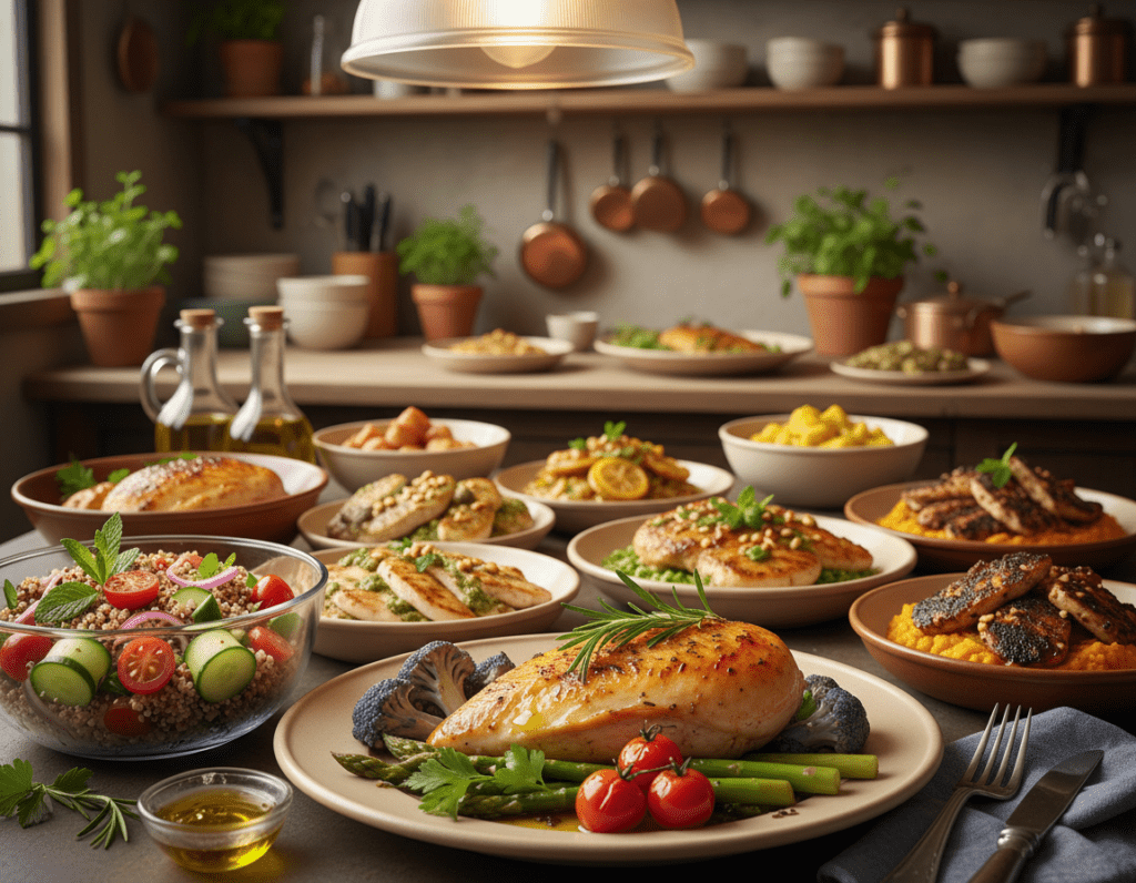 A beautifully arranged table with a variety of creative chicken breast dishes, showcasing different cooking styles and flavor profiles. In the foreground, a plate of roasted chicken breast garnished with herbs and colorful vegetables, glistening with a light drizzle of olive oil. To the side, a bowl of vibrant quinoa salad with cherry tomatoes and cucumber. In the middle ground, individual portions of chicken served in various sauces like pesto and lemon herb, displayed elegantly. The background reveals a warm kitchen setting with soft, ambient lighting from an overhead fixture, enhancing the golden hues of the dishes. The overall atmosphere is inviting and fresh, reflecting a sense of culinary creativity and healthy eating. Use a soft focus with a light bokeh effect for added depth.