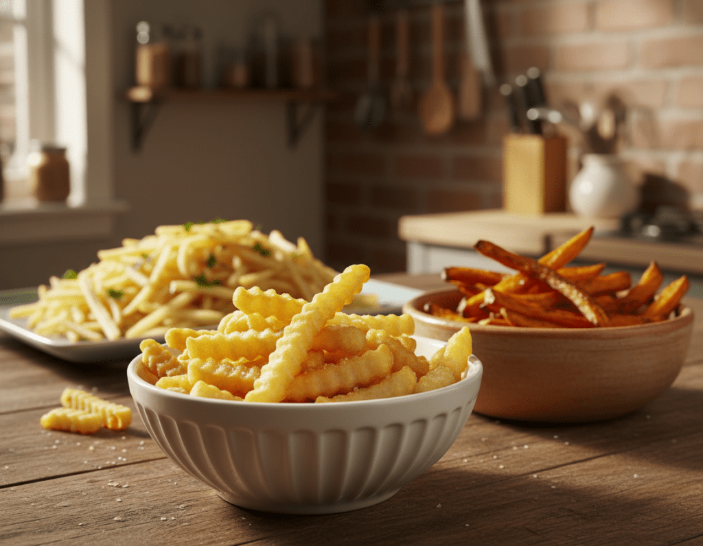 A beautifully arranged tabletop showcasing three distinct methods of preparing fries, each displayed in a stylish bowl. In the foreground, crispy golden French fries from a deep fryer, glistening with oil, next to a bowl of roasted sweet potato fries, their vibrant orange colors contrasting with the fried ones. In the background, a plate of air-fried fries, looking healthy and lightly seasoned with herbs. Soft, warm lighting creates an inviting atmosphere, highlighting the texture and sheen of the fries. A rustic wooden surface adds warmth, while a blurred kitchen in the background suggests a homely environment. The overall mood is cheerful and appetizing, perfect for a culinary showcase.