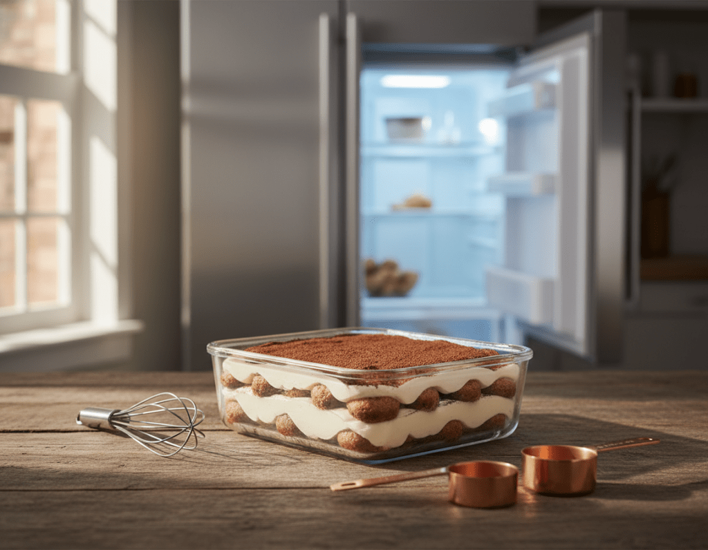A beautifully arranged tiramisu dessert in a transparent glass container, showcasing its distinct layers of coffee-soaked ladyfingers and creamy mascarpone. The dessert is placed on a rustic wooden table, surrounded by elegant kitchen utensils like a small whisk and measuring cups, subtly hinting at the preparation process. In the background, a softly lit refrigerator door is ajar, suggesting the cooling and storage aspect, with gentle blue light illuminating the interior. The mood is inviting and warm with natural light streaming in from a window, casting soft shadows. The image captures the essence of delicious anticipation, emphasizing the importance of refrigeration in preserving the tiramisu's flavors and textures.