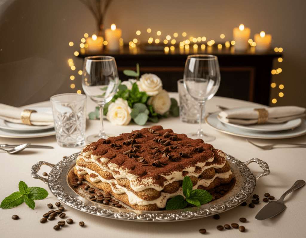 A beautifully arranged tiramisu dessert served on an elegant platter, placed on a well-set dining table for a special occasion. In the foreground, the tiramisu showcases layers of cocoa powder and mascarpone cream, garnished with cocoa dust and delicate chocolate shavings. Fresh coffee beans and a sprig of mint add a touch of color and freshness. The middle ground features a tasteful table setting with fine china, sparkling glassware, and soft napkins. In the background, soft ambient lighting creates a warm, inviting atmosphere. The scene is captured from a slightly elevated angle, emphasizing the dessert and the elegant arrangement around it, perfect for celebrating a special moment.