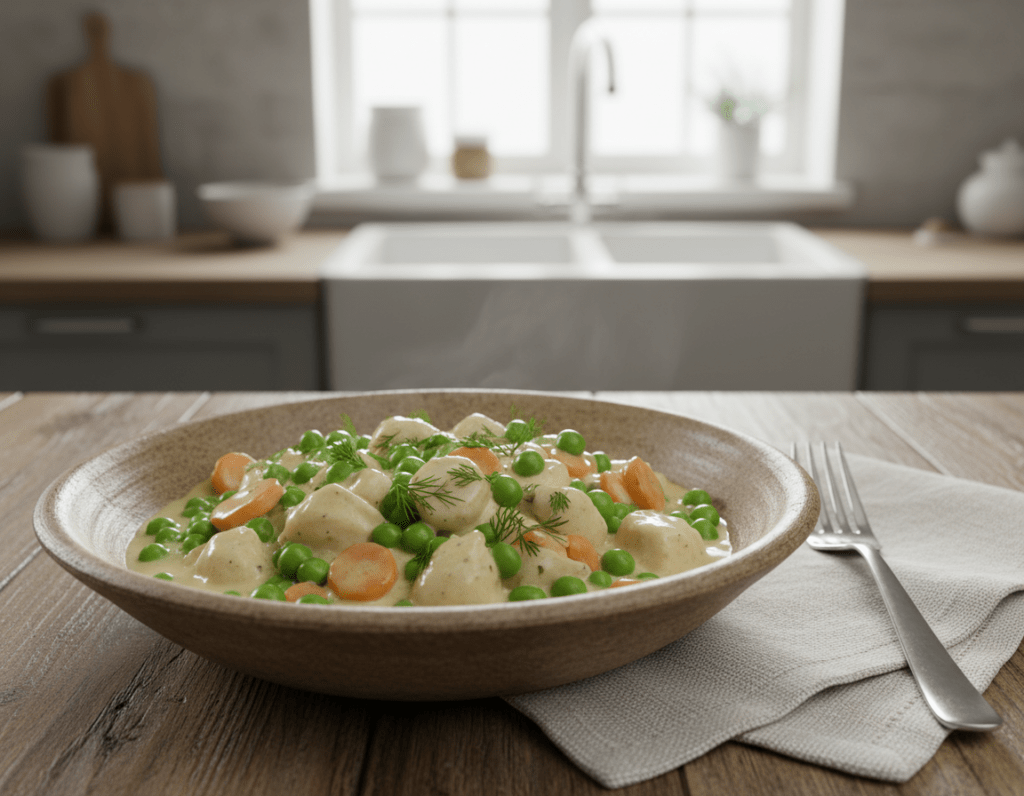 A beautifully arranged traditional frikassee dish served in a rustic bowl. The foreground features tender pieces of chicken, vibrant green peas, and sliced carrots in a creamy white sauce, garnished with fresh herbs. In the middle ground, a wooden table adds warmth, with a rustic cloth napkin and a fork placed elegantly beside the bowl. The background showcases a cozy kitchen setting with soft, natural light filtering through a window, illuminating the dish and enhancing its appealing colors. The atmosphere is inviting and homely, evoking the comfort of homemade meals. The scene is captured from a slightly elevated angle, focusing on the dish while maintaining the cozy kitchen context.
