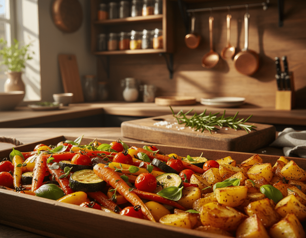A beautifully arranged tray of vegan roasted vegetables in a warm, inviting kitchen setting. In the foreground, colorful veggies such as carrots, bell peppers, zucchini, and cherry tomatoes are artfully tossed with herbs and olive oil, glistening under soft, natural light. The vegetables are nestled alongside rustic, golden-brown roasted potatoes, creating a hearty and satisfying dish. In the middle ground, a wooden cutting board with a sprig of fresh rosemary and scattered sea salt adds a touch of culinary authenticity. In the background, a cozy kitchen with wooden shelves displaying spices and cooking utensils enhances the homely atmosphere. The scene is illuminated by golden hour sunlight, casting a gentle glow, inviting viewers to explore delicious vegan and vegetarian culinary options. A beautifully arranged tray of vegan roasted vegetables in a warm, inviting kitchen setting. In the foreground, colorful veggies such as carrots, bell peppers, zucchini, and cherry tomatoes are artfully tossed with herbs and olive oil, glistening under soft, natural light. The vegetables are nestled alongside rustic, golden-brown roasted potatoes, creating a hearty and satisfying dish. In the middle ground, a wooden cutting board with a sprig of fresh rosemary and scattered sea salt adds a touch of culinary authenticity. In the background, a cozy kitchen with wooden shelves displaying spices and cooking utensils enhances the homely atmosphere. The scene is illuminated by golden hour sunlight, casting a gentle glow, inviting viewers to explore delicious vegan and vegetarian culinary options.