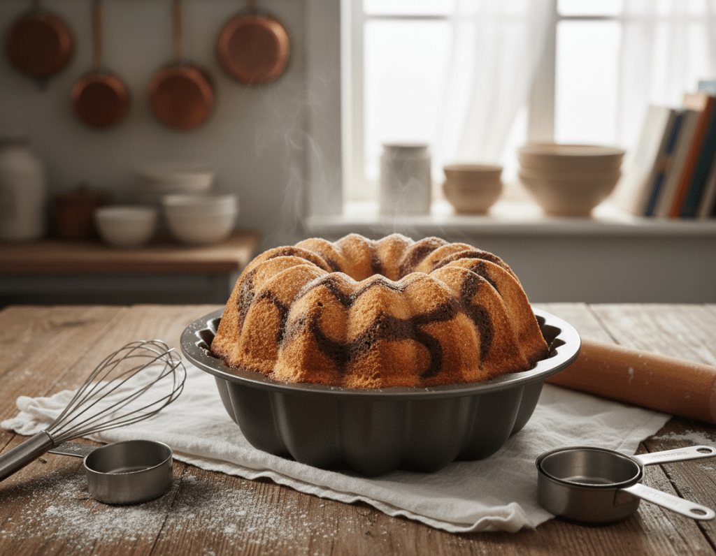 A beautifully baked Gugelhupf cake, showcasing its marbled chocolate and vanilla layers, perfectly balanced in a traditional Bundt pan. The foreground features the golden-brown top of the cake, slightly glossy from a light glaze, while delicate crumbs hint at its moist texture. In the middle, a wooden table contrasts with a subtle white tablecloth, adorned with baking tools like a whisk and measuring cups scattered around. The background includes a cozy kitchen scene with warm, natural lighting, soft shadows enhancing the inviting atmosphere. A gentle steam rises from the cake, suggesting it's just out of the oven, capturing the essence of warmth and home-baking. The composition is shot from a slightly elevated angle, giving a clear view of the cake's enticing surface and inviting appearance.