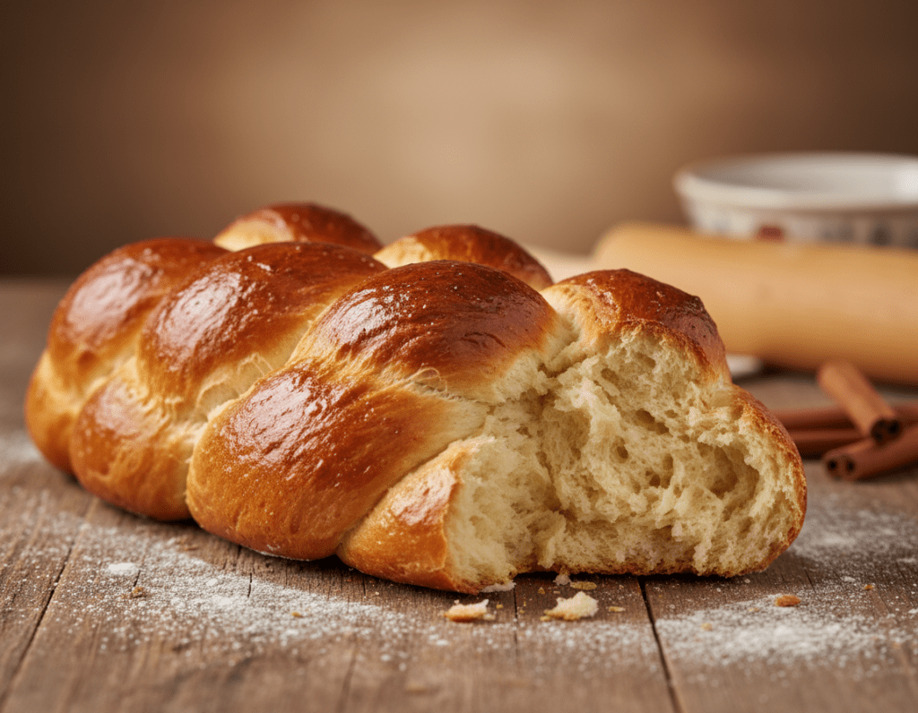 A beautifully baked Hefezopf, showcasing rich golden-brown braids with a glossy, caramelized sheen that highlights its perfect texture. The loaf is placed prominently in the foreground on a rustic wooden table, with a dusting of flour creating a soft, inviting atmosphere. In the middle, delicate strands of the Hefezopf are slightly pulled apart to reveal a fluffy, airy interior, inviting viewers to appreciate its quality. The background features a warm, softly lit kitchen setting, with hints of baking accessories, such as a rolling pin and cinnamon sticks, subtly enhancing the homey vibe. The lighting is warm and inviting, creating a cozy atmosphere that emphasizes the allure of freshly baked bread. Use a shallow depth of field to focus on the Hefezopf while softly blurring the background, evoking a sense of care and craftsmanship.