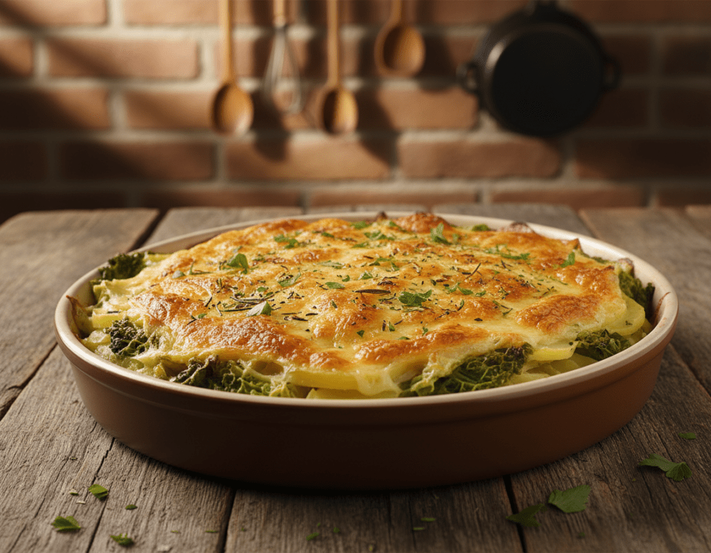 A beautifully baked Käsekruste, golden and bubbling, sits tantalizingly on a rustic wooden kitchen table. In the foreground, melted cheese with a crispy texture, interspersed with herbs, is artfully arranged over a hearty potato and savoy cabbage casserole. The middle ground features a steaming dish, slightly tilted to reveal the layers of creamy filling and vibrant green cabbage underneath, with a sprinkle of fresh parsley on top for garnish. The background shows a cozy kitchen setting, softly lit with warm, ambient light that adds a homey feel to the scene. A hint of kitchen tools can be seen, suggesting a culinary workspace. Capture the inviting atmosphere that emphasizes comfort and home-cooked goodness.