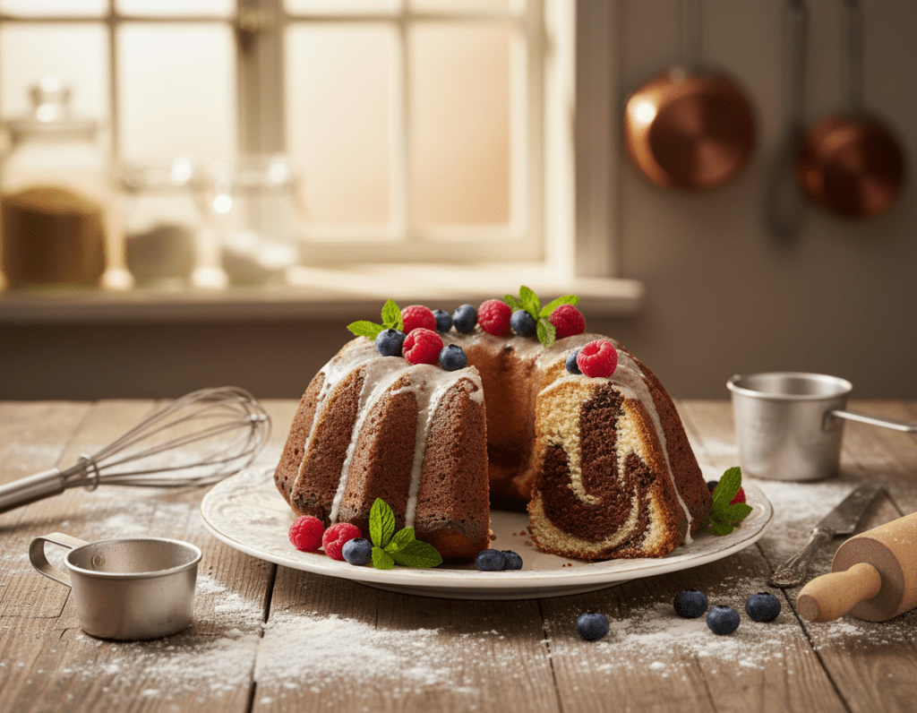 A beautifully baked Marble Gugelhupf cake, sliced to reveal its moist and marbled interior showcasing rich chocolate and vanilla swirls. The foreground features a rustic wooden table sprinkled with flour and baking tools like a whisk and a measuring cup. In the middle, the Gugelhupf is placed on an elegant porcelain plate, glistening with a light glaze, surrounded by fresh berries and mint leaves for a pop of color. The background features a soft-focus kitchen setting with warm, inviting lighting that highlights the cake's texture. Capture the essence of a cozy baking atmosphere, evoking a sense of warmth and delight, perfect for inspiring home bakers to achieve a moist and flavorful Marble Gugelhupf.