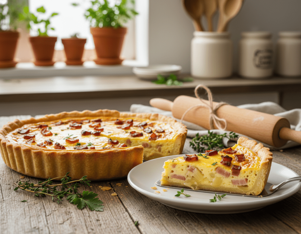 A beautifully baked Quiche Lorraine sitting on a rustic wooden table, golden brown and slightly puffed with a flaky crust, showcasing crispy bacon, caramelized onions, and creamy custard filling. The foreground features a delicate pie server beside a slice of quiche, partially plated to reveal the layers inside. In the middle ground, a rolling pin and fresh herbs like thyme and parsley accentuate the preparation process. Soft, natural light filters through a nearby window, casting gentle shadows and highlighting the texture of the quiche. The background features a kitchen setting with herbs in pots and wooden utensils, conveying a warm, inviting atmosphere. Focused shot with a shallow depth of field, evoking a sense of mouthwatering anticipation and culinary delight.