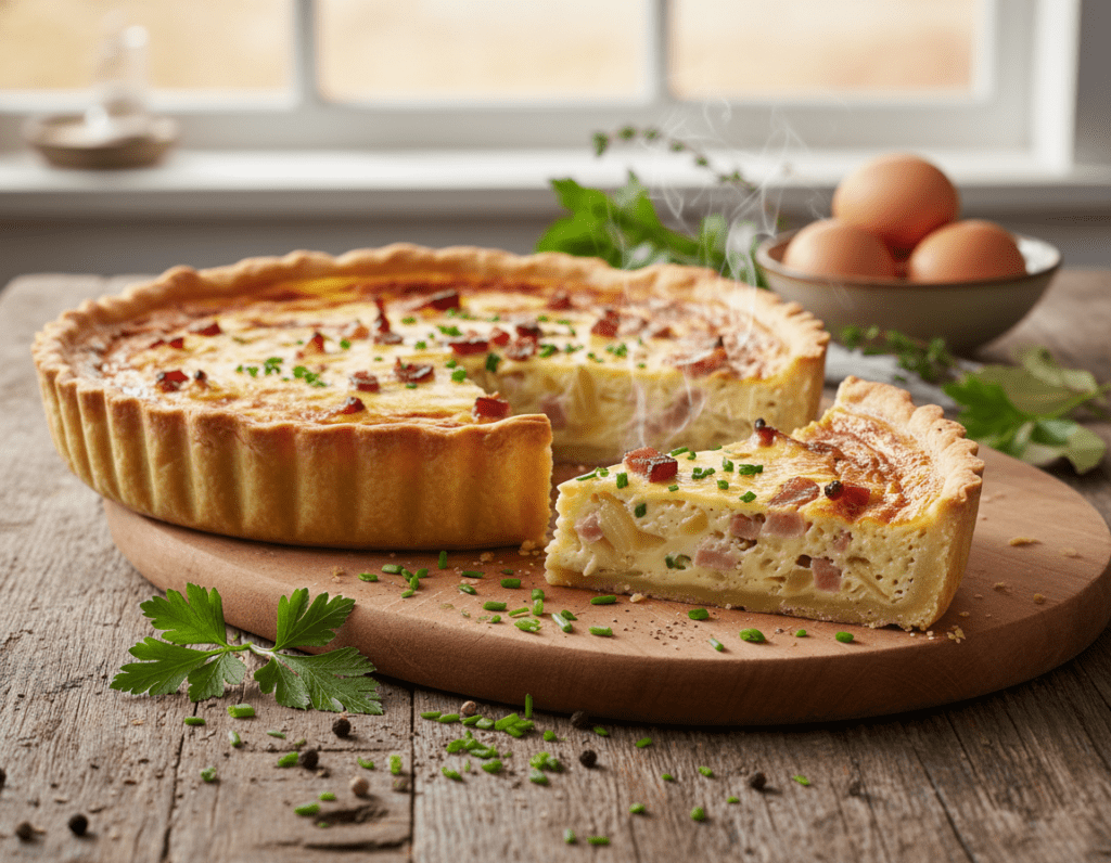 A beautifully baked, traditional Quiche Lorraine displayed on a rustic wooden table. The quiche features a golden-brown crust, slightly flaky, with a rich filling of creamy egg, diced smoky bacon, and caramelized onions, enticingly oozing from the edges. In the foreground, fresh herbs like parsley and chives, and a sprinkle of black pepper enhance the visual appeal. The middle of the scene includes a wooden cutting board with a slice of quiche, steam gently rising, revealing its savory layers. In the background, soft, warm natural light filters through a window, casting a light glow, and accentuating the ingredients scattered around, including raw eggs and herbs, creating a cozy, inviting kitchen atmosphere perfect for showcasing the authenticity of Quiche Lorraine.