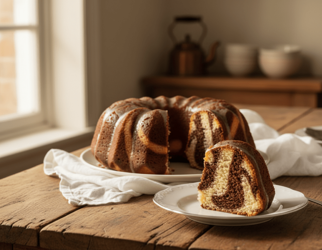 A beautifully baked traditional marble Bundt cake, showcasing its glossy, marbled surface with rich chocolate and light vanilla swirls. Displayed on an elegant, rustic wooden table with a soft, white linen cloth beneath. The foreground features a single slice of the cake on a delicate porcelain plate, revealing its moist texture and enticing layers. In the background, a softly focused kitchen scene exuding warmth, with natural light streaming in through a window, illuminating the cake and creating gentle shadows. The atmosphere is cozy and inviting, suggesting that this timeless classic is perfect for any occasion. Emphasize the homely charm and rich heritage associated with this iconic dessert.