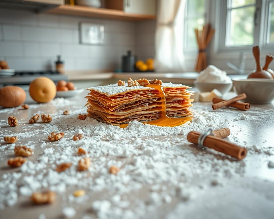 A beautifully chaotic kitchen scene depicting a failed attempt at traditional Greek dessert preparation. In the foreground, a messy countertop is strewn with flour, spilled sugar, and crumbled baklava, illustrating the common errors involved in cooking. In the middle, a partially assembled dessert, with layers of phyllo dough visibly uneven and honey spilling out, captures the essence of the struggle. Fresh ingredients like walnuts and cinnamon sticks are scattered haphazardly around. The background reveals soft natural light filtering through a window, creating a warm and inviting yet somewhat frustrating atmosphere. The focus is sharp, emphasizing the textures of the ingredients and the disarray of the scene, conveying a lighthearted yet educational mood.