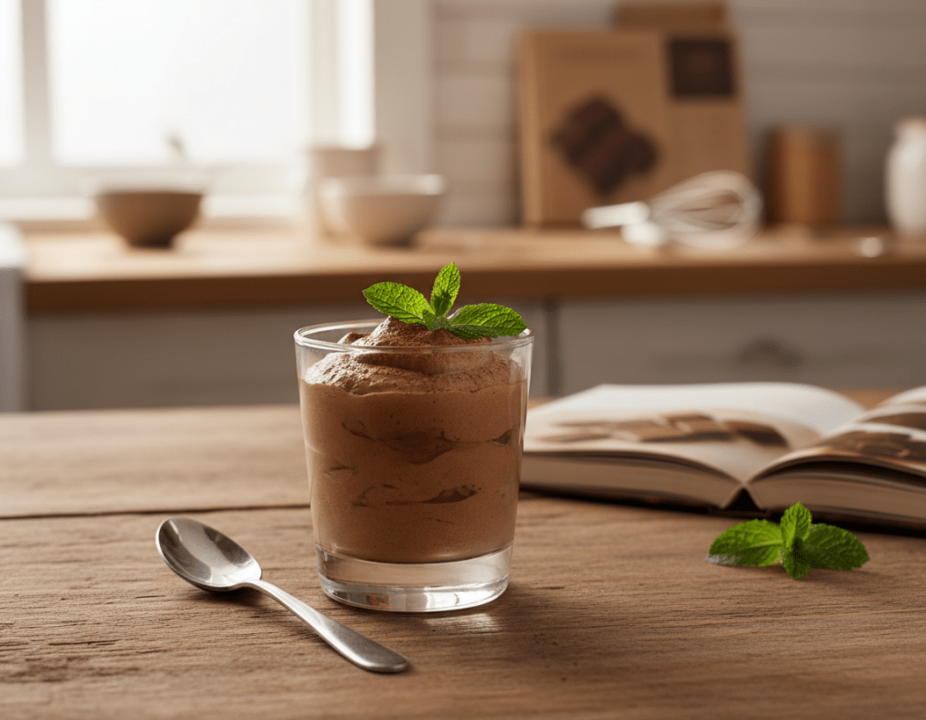 A beautifully composed scene featuring a rich, creamy mousse au chocolat in an elegant dessert glass, placed on a rustic wooden table. The mousse is topped with a light dusting of cocoa powder and garnished with fresh mint leaves, highlighting its indulgent texture. In the foreground, a delicate spoon rests beside the glass, suggesting a sense of anticipation. The middle background reveals an inviting kitchen setting with soft, natural light illuminating the scene, creating a warm atmosphere. A blurred view of a cookbook with a chocolate-themed cover lies slightly off-center, enhancing the culinary theme. This image should evoke feelings of comfort and indulgence, perfect for illustrating how to properly store and enjoy mousse au chocolat over time.
