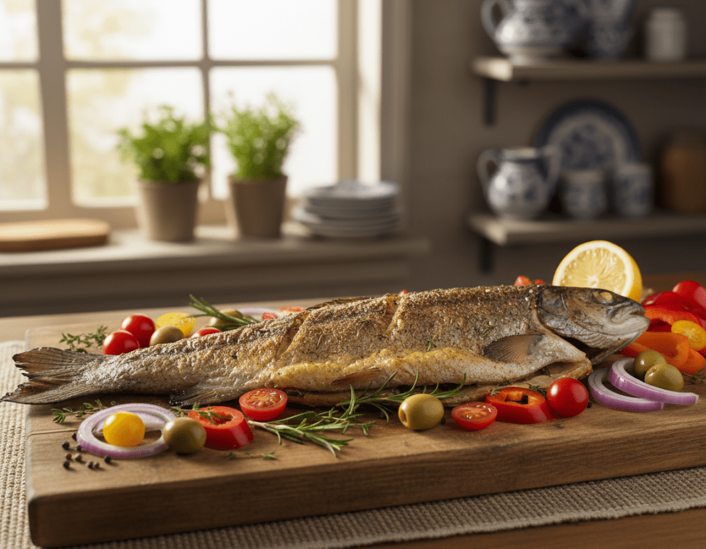 A beautifully cooked Mediterranean trout garnished with fresh herbs, lying on a rustic wooden board. The trout is golden-brown with crispy skin, surrounded by an assortment of colorful vegetables like cherry tomatoes, bell peppers, and green olives. The herbs, including rosemary and thyme, are artfully arranged both inside and around the fish. In the background, a softly lit kitchen setting enhances the inviting atmosphere, with hints of Mediterranean decor like ceramic dishes and plants. The image is shot from a slightly elevated angle, allowing viewers to appreciate the fish's texture and vibrant colors. Warm, natural lighting casts gentle shadows, creating a cozy and appetizing mood. A beautifully cooked Mediterranean trout garnished with fresh herbs, lying on a rustic wooden board. The trout is golden-brown with crispy skin, surrounded by an assortment of colorful vegetables like cherry tomatoes, bell peppers, and green olives. The herbs, including rosemary and thyme, are artfully arranged both inside and around the fish. In the background, a softly lit kitchen setting enhances the inviting atmosphere, with hints of Mediterranean decor like ceramic dishes and plants. The image is shot from a slightly elevated angle, allowing viewers to appreciate the fish's texture and vibrant colors. Warm, natural lighting casts gentle shadows, creating a cozy and appetizing mood.