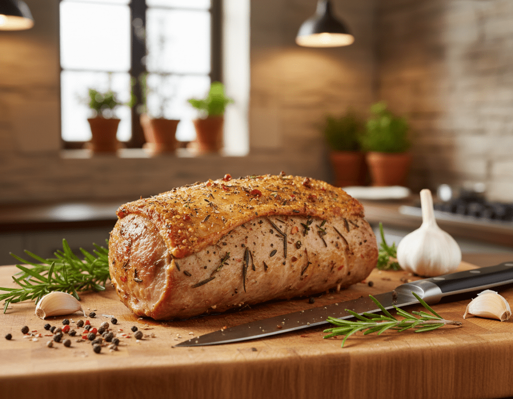 A beautifully cooked Schweinefilet, showcasing a perfectly crispy crust, sits prominently on a rustic wooden cutting board in the foreground. The pork tenderloin is golden-brown, glistening with a hint of herbs and spices. Surrounding it are scattered ingredients: crushed black pepper, fresh rosemary, and garlic cloves, adding color and texture. In the middle ground, a chef's knife rests beside the Schweinefilet, hinting at the preparation process. The background features a cozy kitchen setting with soft, warm lighting, emphasizing a homely atmosphere. The scene captures the essence of perfect cooking, inviting viewers to appreciate the detailed textures of the crust and the rustic charm of the setting. The image is shot from a slightly elevated angle to highlight the succulent details.
