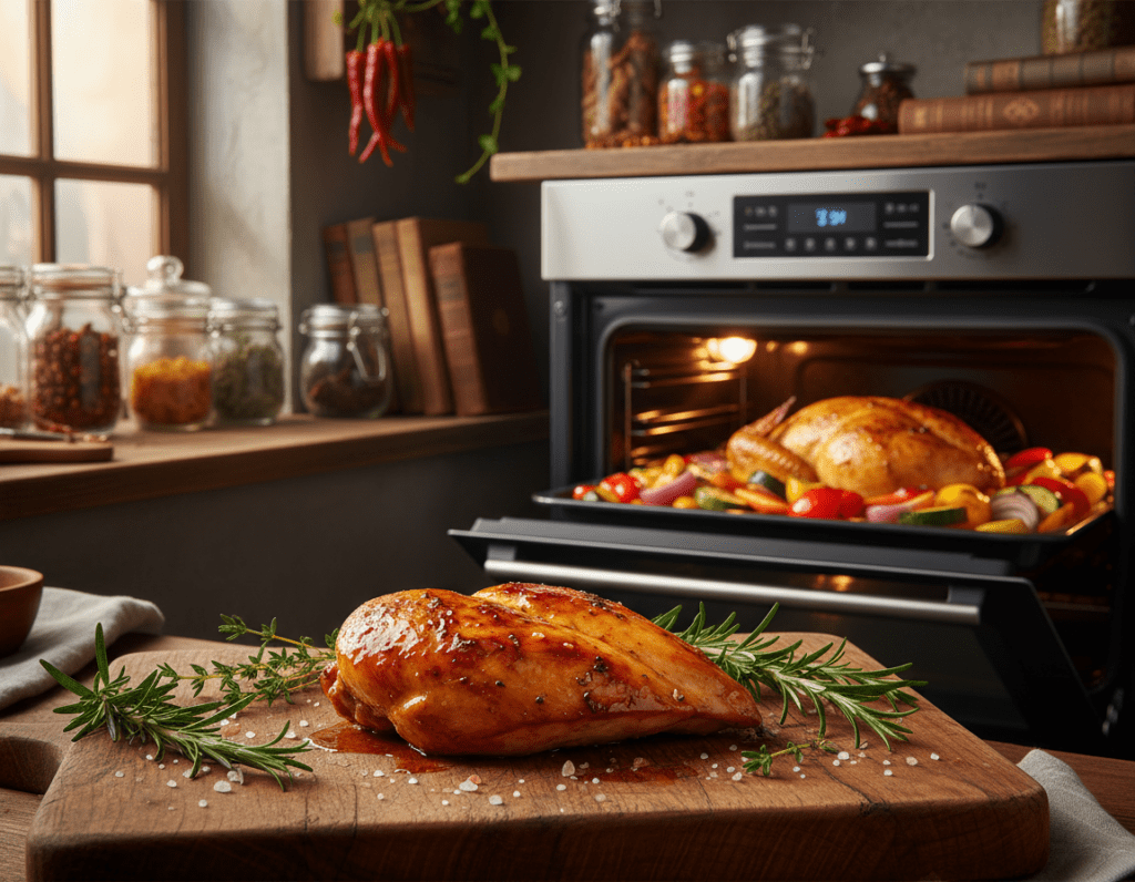 A beautifully cooked chicken breast placed on a rustic wooden cutting board, glistening with a golden-brown glaze. The foreground features fresh herbs like rosemary and thyme scattered around, enhancing the freshness of the dish. In the middle ground, a modern stainless steel oven with the door slightly ajar, revealing the juicy chicken inside on a baking tray, surrounded by colorful roasted vegetables like carrots and bell peppers. Soft, warm lighting accentuates the dish's texture, creating an inviting atmosphere. The background includes a cozy kitchen setting with shelves filled with spices and cookbooks, enhancing the culinary theme. The overall mood is warm and appetizing, inviting viewers to taste this delicious meal. A beautifully cooked chicken breast placed on a rustic wooden cutting board, glistening with a golden-brown glaze. The foreground features fresh herbs like rosemary and thyme scattered around, enhancing the freshness of the dish. In the middle ground, a modern stainless steel oven with the door slightly ajar, revealing the juicy chicken inside on a baking tray, surrounded by colorful roasted vegetables like carrots and bell peppers. Soft, warm lighting accentuates the dish's texture, creating an inviting atmosphere. The background includes a cozy kitchen setting with shelves filled with spices and cookbooks, enhancing the culinary theme. The overall mood is warm and appetizing, inviting viewers to taste this delicious meal.