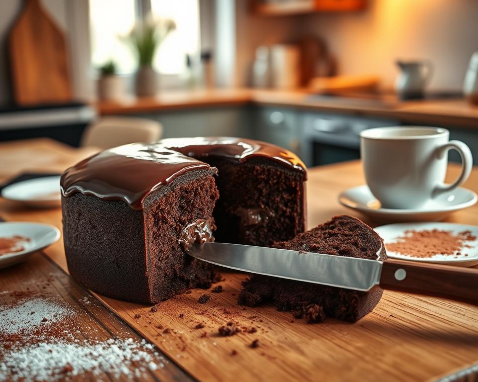 A beautifully crafted Garpunkt Schokokuchen on a wooden table, showcasing its rich, glossy chocolate glaze and a moist, decadent interior oozing with chocolate filling. In the foreground, a knife is elegantly slicing through the cake, revealing its soft texture. The middle ground features a few cocoa dusted plates scattered around, while a delicate white porcelain cup filled with steaming coffee sits beside the cake. The background includes a softly lit kitchen setting with warm, inviting tones, accentuated by a warm light source coming from a window. The atmosphere is cozy and homely, evoking the feeling of enjoying freshly baked, moist chocolate cake on a cold afternoon. The composition is captured at a slight angle to emphasize the cake’s layers.