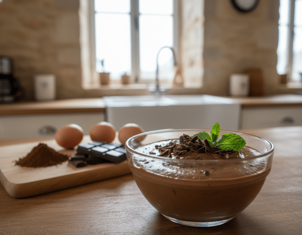A beautifully crafted bowl of authentic Mousse au Chocolat sits in the foreground, showcasing a rich, velvety texture topped with delicate shavings of dark chocolate and a sprig of mint. The mousse is presented in a clear glass dish, emphasizing its light, airy composition. In the middle ground, several ingredients are artfully arranged: a pile of high-quality cocoa powder, fresh eggs, and a bar of dark chocolate, indicating the simplicity and authenticity of the recipe. The background features a softly blurred rustic kitchen setting, with warm wooden tones and natural light streaming through a window, creating an inviting and cozy atmosphere. The overall mood is indulgent yet approachable, inviting viewers to experience the delight of this classic French dessert.