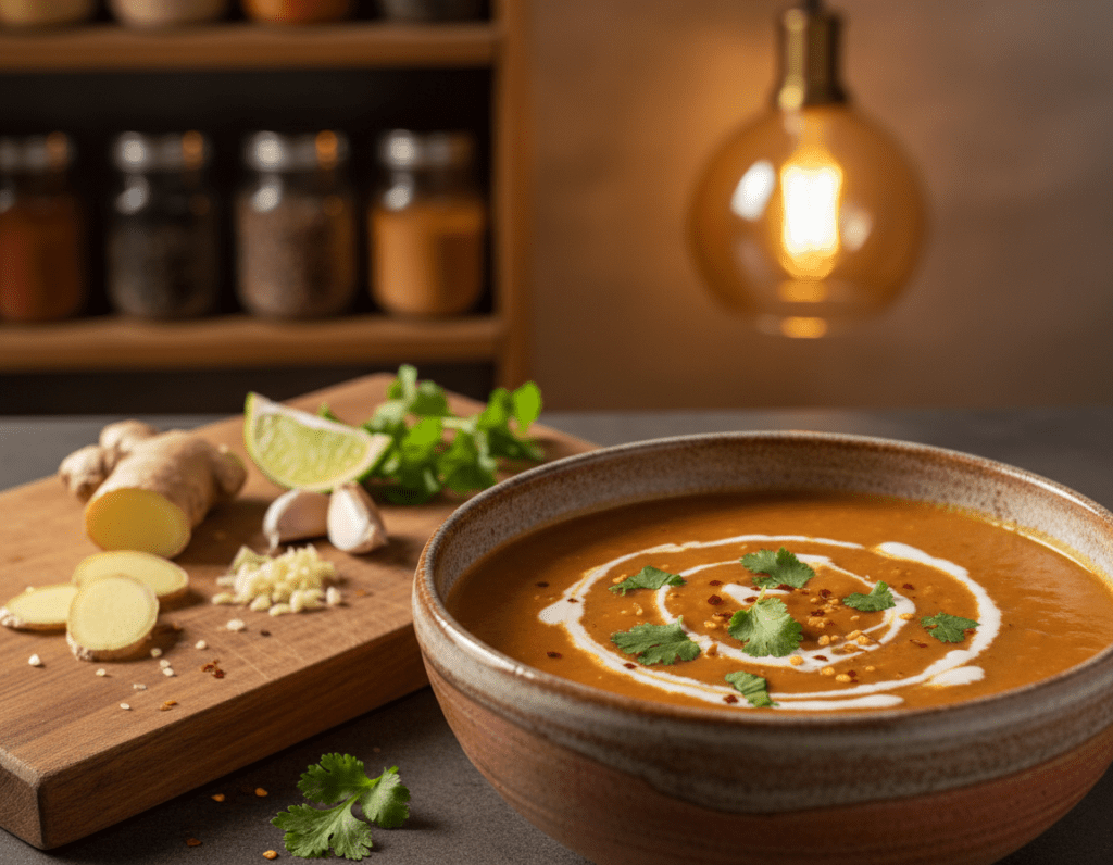 A beautifully crafted bowl of red lentil coconut soup sits invitingly in the foreground, showcasing its rich, creamy texture adorned with fresh herbs like cilantro and a swirl of coconut cream. The bowl is rustic, made of earthy ceramic, enhancing the natural feel of the dish. In the middle ground, a wooden cutting board features fresh ingredients such as chopped garlic, ginger, and lime, hinting at the recipe's deeper flavors. In the background, softly blurred kitchen elements like a spice rack and a warm light hanging above create a cozy cooking atmosphere. The lighting is warm and inviting, casting gentle shadows that accentuate the soup’s vibrant color. The overall mood is homey and comforting, perfect for viewers seeking to master the perfect soup consistency.