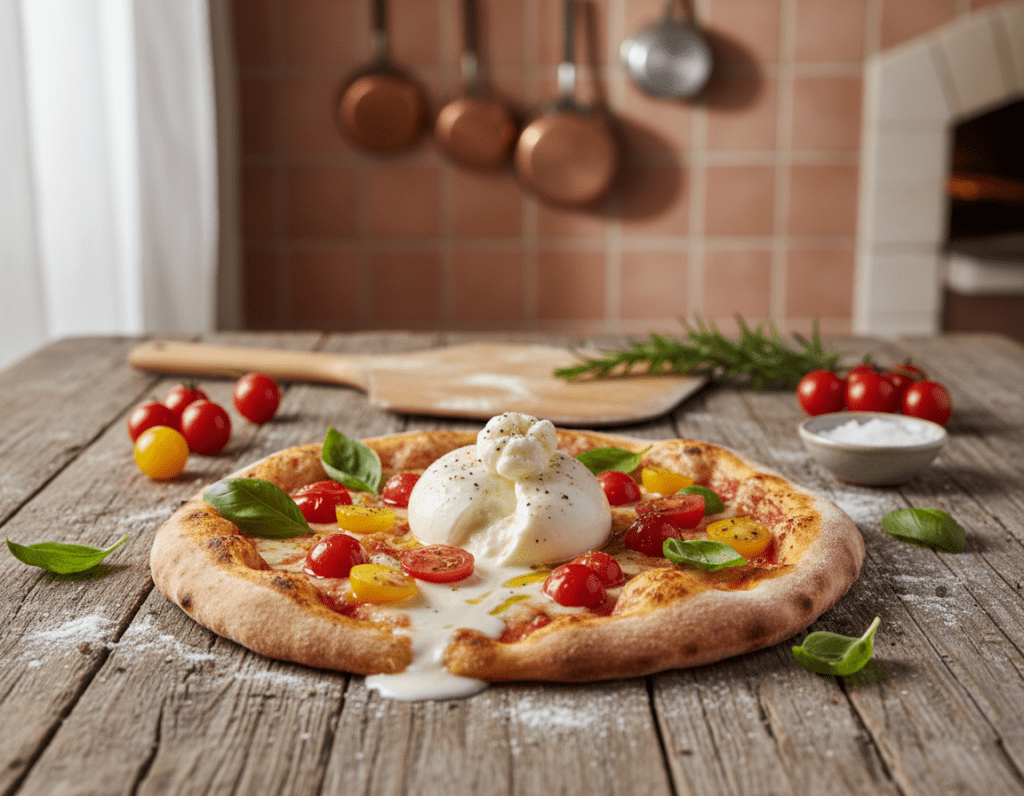 A beautifully crafted burrata pizza placed on a rustic wooden table, showcasing its fresh ingredients. In the foreground, the pizza is topped with creamy burrata cheese melting gently, surrounded by vibrant cherry tomatoes, fragrant basil leaves, and a drizzle of olive oil. The middle ground features a few cooking utensils, such as a wooden spatula and a sprig of rosemary, enhancing the culinary theme. The background is softly blurred, revealing a cozy kitchen setting with warm lighting, highlighting the inviting atmosphere. The angle captures the pizza slightly from above, emphasizing the textures and colors, creating a mouthwatering and homely feel. The overall mood is warm and inviting, perfect for a special meal at home.