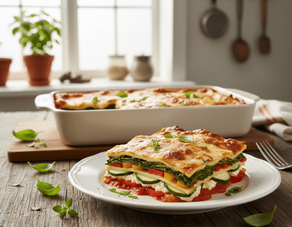 A beautifully crafted vegetarian lasagna, layered with vibrant vegetables like spinach, zucchini, and bell peppers, sits elegantly on a rustic wooden table. The foreground features a slice of the lasagna on a white plate, showcasing its colorful layers with melted cheese glistening on top. In the middle, fresh herbs like basil and oregano are scattered around, enhancing the dish’s appeal. The background consists of a softly blurred kitchen setting with natural light pouring in from a nearby window, creating a warm and inviting atmosphere. The scene evokes a sense of home-cooked warmth and healthiness, embodying the essence of a perfect vegetarian meal. The image is captured at eye level with a shallow depth of field, emphasizing the lasagna while adding softness to the surroundings.