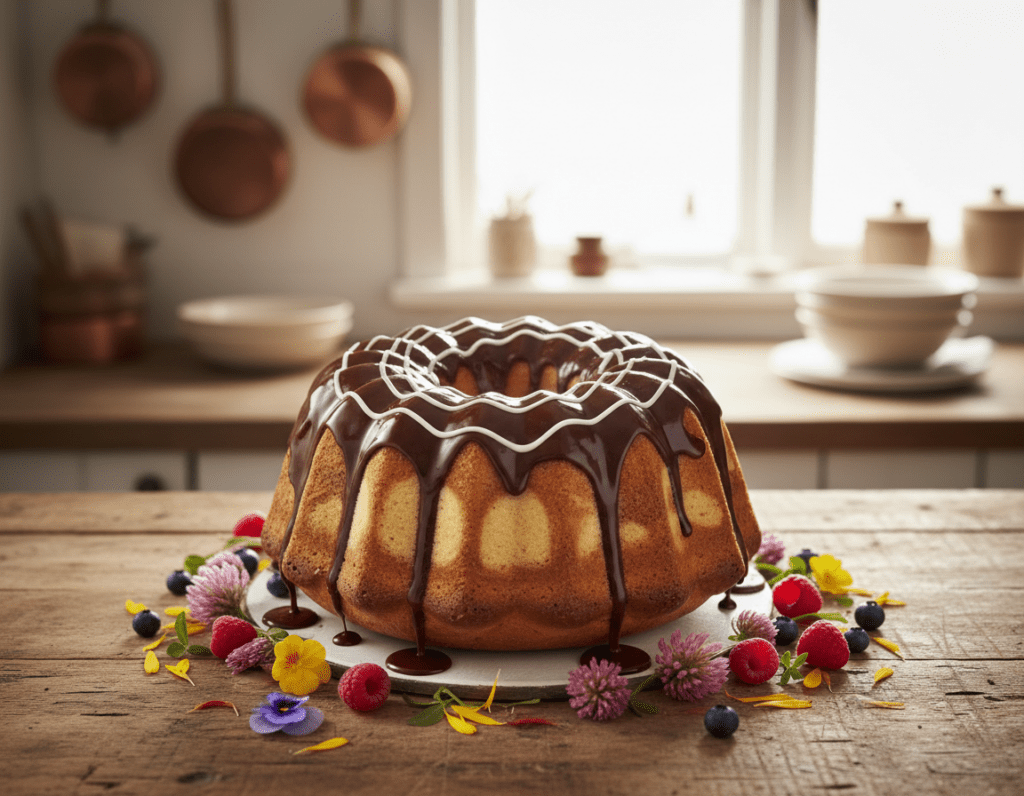 A beautifully decorated Gugelhupf cake sits elegantly on a rustic wooden table, showcasing its golden-brown marble pattern. The glossy chocolate glaze cascades over the cake's curves, glistening under soft, natural light. Delicate swirls of white icing are artistically drizzled on top, enhancing the elegant design. Surrounding the cake, a scattering of colorful edible flowers and a few fresh berries add a playful touch to the scene. In the background, a softly blurred kitchen setting hints at a warm, inviting atmosphere, with gentle sunlight filtering through a window. The overall mood is cozy and inviting, perfect for a baking enthusiast's kitchen. Capture this scene with a warm color palette and a slight top-down angle to emphasize the cake's intricate details and decorations.