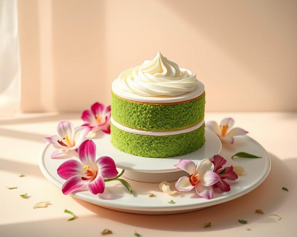 A beautifully decorated Pandan cake placed on an elegant white plate, set against a soft pastel background. The cake layers are rich green, showcasing the vibrant Pandan color, and delicately adorned with a swirl of creamy white frosting. Surrounding the cake are fresh edible flowers, such as orchids and jasmine, adding pops of color and enhancing the cake's aesthetic appeal. Soft, natural light filters in from one side, casting gentle shadows and creating a warm, inviting atmosphere. The scene is captured from a slightly elevated angle to highlight the cake's decoration and texture, making it the focal point of the composition. A few decorative elements, like green tea leaves or coconut shavings, are scattered artfully around the plate, adding to the cake's charm. A beautifully decorated Pandan cake placed on an elegant white plate, set against a soft pastel background. The cake layers are rich green, showcasing the vibrant Pandan color, and delicately adorned with a swirl of creamy white frosting. Surrounding the cake are fresh edible flowers, such as orchids and jasmine, adding pops of color and enhancing the cake's aesthetic appeal. Soft, natural light filters in from one side, casting gentle shadows and creating a warm, inviting atmosphere. The scene is captured from a slightly elevated angle to highlight the cake's decoration and texture, making it the focal point of the composition. A few decorative elements, like green tea leaves or coconut shavings, are scattered artfully around the plate, adding to the cake's charm.