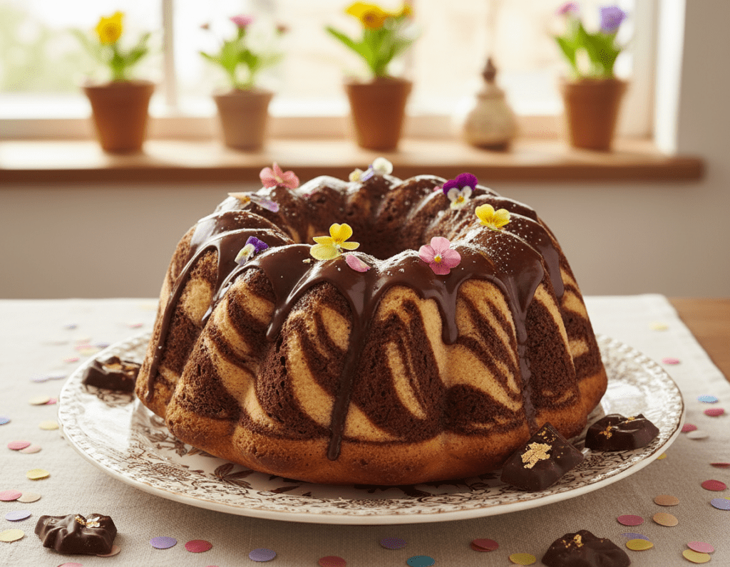A beautifully decorated marble Gugelhupf cake sits elegantly on a vintage ceramic plate, showcasing its intricate marbled swirls of rich chocolate and light vanilla. The cake is flawlessly glazed with a glossy chocolate ganache that reflects soft ambient lighting, and is adorned with delicate edible flowers and a sprinkle of powdered sugar for an extra festive touch. Surrounding the plate are scattered colorful confetti and a few artisanal chocolate pieces, creating a celebratory atmosphere. In the background, a soft-focus kitchen scene with warm, natural lighting enhances the inviting mood, complete with faint hints of blooming flowers on the windowsill. The angle is slightly overhead, emphasizing the cake’s grandeur, and the overall color palette is warm and inviting, evoking a sense of joy and celebration for special occasions.