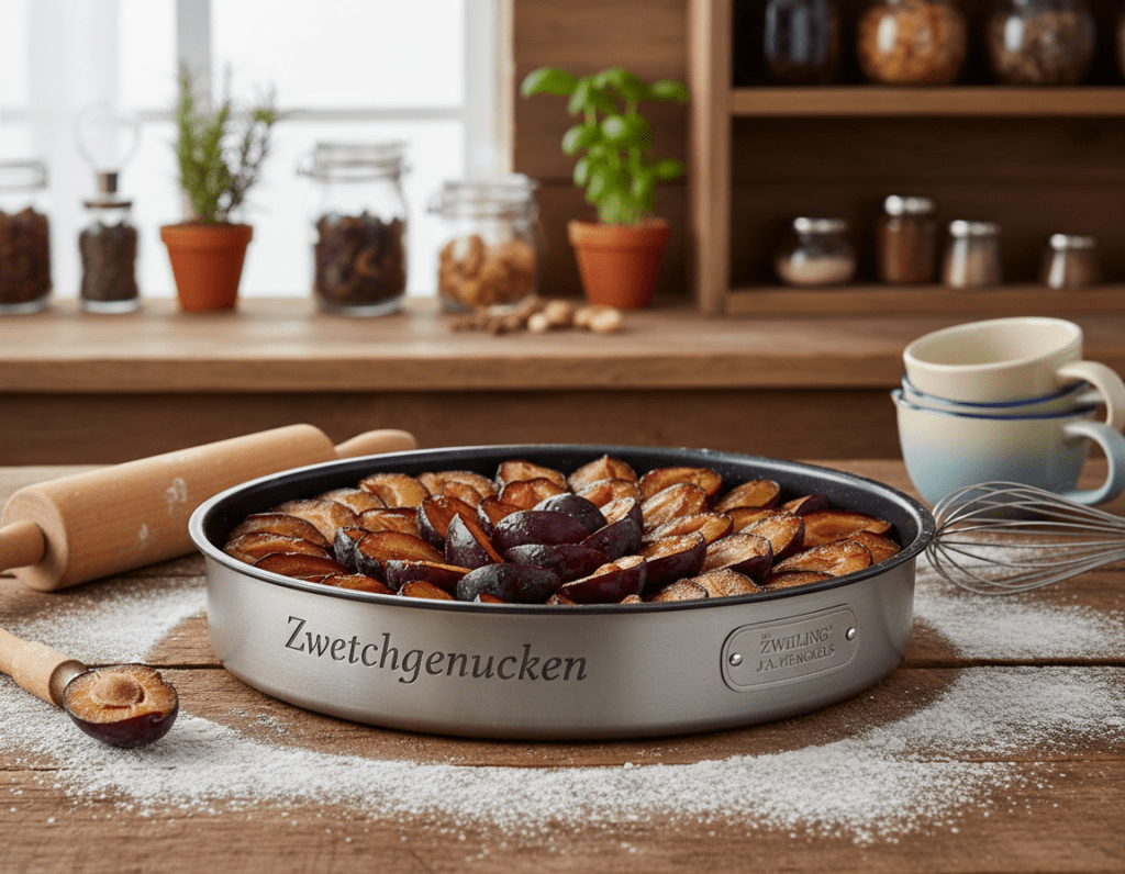A beautifully designed baking pan for Zwetschgenkuchen, set on a rustic wooden kitchen counter adorned with flour and baking utensils. The foreground showcases the pan, gleaming metal with a non-stick surface, filled with ripe, juicy plums, sliced and arranged artistically. In the middle, a set of essential baking tools: a rolling pin, a whisk, and measuring cups, all crafted from natural materials to evoke a cozy, homemade feel. The background features a softly lit kitchen with warm, inviting colors, wooden shelves lined with jars of ingredients, and a hint of greenery from potted herbs. The lighting is soft and diffused, creating a warm, welcoming atmosphere, ideal for home baking. Emphasize a sense of craftsmanship and simplicity in the baking scene, ensuring a focus on the process and the tools at hand. A beautifully designed baking pan for Zwetschgenkuchen, set on a rustic wooden kitchen counter adorned with flour and baking utensils. The foreground showcases the pan, gleaming metal with a non-stick surface, filled with ripe, juicy plums, sliced and arranged artistically. In the middle, a set of essential baking tools: a rolling pin, a whisk, and measuring cups, all crafted from natural materials to evoke a cozy, homemade feel. The background features a softly lit kitchen with warm, inviting colors, wooden shelves lined with jars of ingredients, and a hint of greenery from potted herbs. The lighting is soft and diffused, creating a warm, welcoming atmosphere, ideal for home baking. Emphasize a sense of craftsmanship and simplicity in the baking scene, ensuring a focus on the process and the tools at hand.