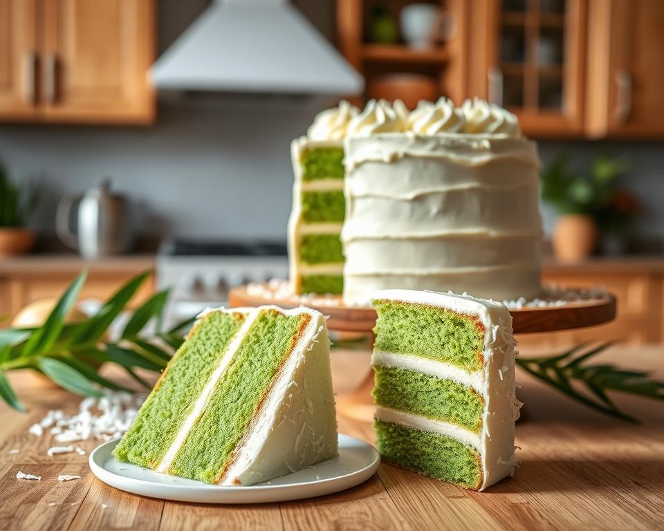 A beautifully layered Pandan-Kokos-Kuchen, showcasing vibrant green and creamy white layers. In the foreground, the cake is sliced to reveal its moist, fluffy texture, adorned with a light coconut frosting that glistens in soft, natural light, highlighting its delicate frosting swirls. The middle section features the cake placed on an elegant wooden cake stand, surrounded by fresh pandan leaves and shredded coconut, adding a touch of nature. In the background, a cozy kitchen setting is softly lit, with wooden cabinets and warm-toned decor, creating an inviting atmosphere. The image captures a sense of homeliness and warmth, perfect for a baking theme, shot with a shallow depth of field to emphasize the cake while gently blurring the background. A beautifully layered Pandan-Kokos-Kuchen, showcasing vibrant green and creamy white layers. In the foreground, the cake is sliced to reveal its moist, fluffy texture, adorned with a light coconut frosting that glistens in soft, natural light, highlighting its delicate frosting swirls. The middle section features the cake placed on an elegant wooden cake stand, surrounded by fresh pandan leaves and shredded coconut, adding a touch of nature. In the background, a cozy kitchen setting is softly lit, with wooden cabinets and warm-toned decor, creating an inviting atmosphere. The image captures a sense of homeliness and warmth, perfect for a baking theme, shot with a shallow depth of field to emphasize the cake while gently blurring the background.