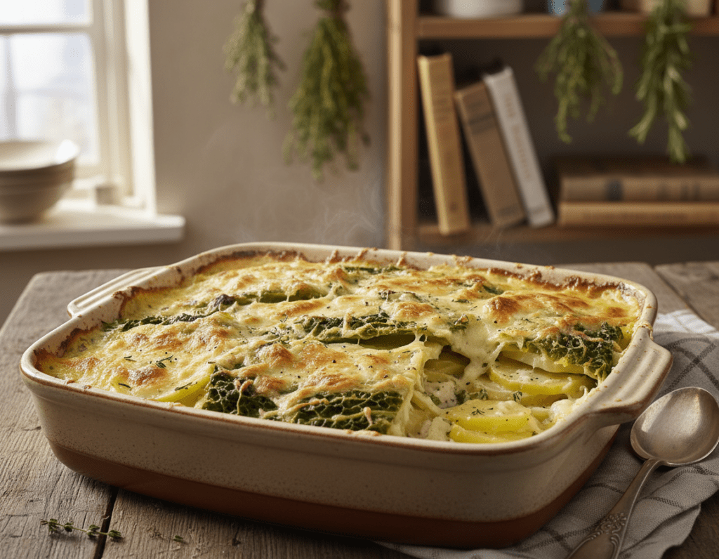 A beautifully layered "Wirsing Kartoffel Auflauf" presented in a rustic ceramic dish, showcasing vibrant green savoy cabbage and sliced yellow potatoes in alternating layers. In the foreground, focus on the texture of the creamy sauce, glistening with melted cheese on top, lightly browned and bubbling. The middle of the composition highlights the colorful layers of cabbage and potatoes, arranged artfully for visual appeal. The background features a warm, inviting kitchen setting with wooden shelves filled with cooking books and fresh herbs hanging, creating a cozy atmosphere. Soft, natural lighting cascades from a nearby window, casting gentle shadows that enhance the dish's details. The image reflects a sense of home-cooked warmth, inviting viewers to explore the delicious layers of this comforting German dish.