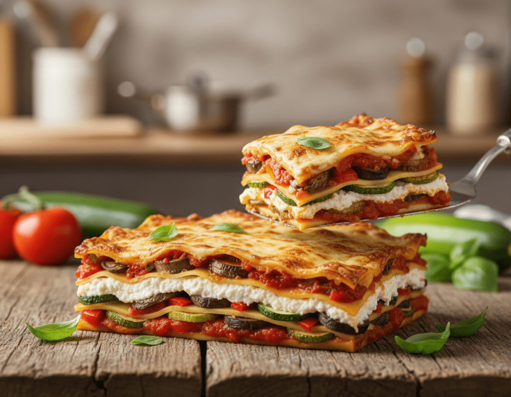 A beautifully layered vegetarian lasagne displayed on a rustic wooden table, showcasing the "Lasagne schichten Technik." The foreground features a close-up view of the lasagne with rich, colorful layers of fresh vegetables, creamy ricotta, marinated mushrooms, and a vibrant tomato sauce, all glistening with melted cheese on top. The middle ground includes a spatula poised to serve a slice, with a scattering of fresh basil leaves for garnish. The background softly blurs, revealing a cozy kitchen with warm, ambient lighting and hints of fresh ingredients like tomatoes and zucchini. The overall mood is inviting and warm, emphasizing the art of layering and the delicious appeal of homemade vegetarian cuisine.