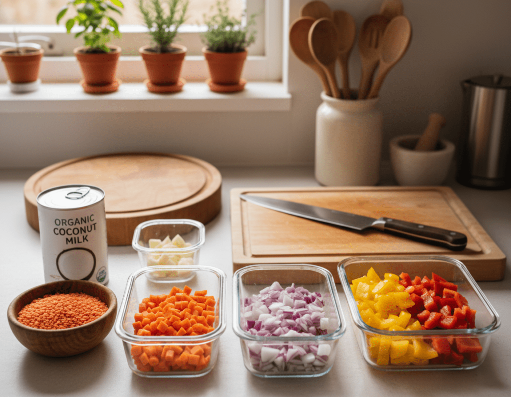 A beautifully organized kitchen counter featuring the preparation of red lentil soup with coconut milk. In the foreground, clear glass meal prep containers filled with vibrant, chopped vegetables like carrots, onions, and bell peppers. A bowl of bright red lentils sits beside them, alongside a can of coconut milk. In the middle ground, wooden cutting boards and a sharp knife, hinting at recent chopping activities, while kitchen utensils are artfully displayed. The background shows warm, ambient lighting that creates a cozy atmosphere, with potted herbs adding a touch of green. The image is shot from a slightly elevated angle, focusing on the arrangement of the ingredients to inspire the viewer with a sense of meal prep efficiency and warmth.