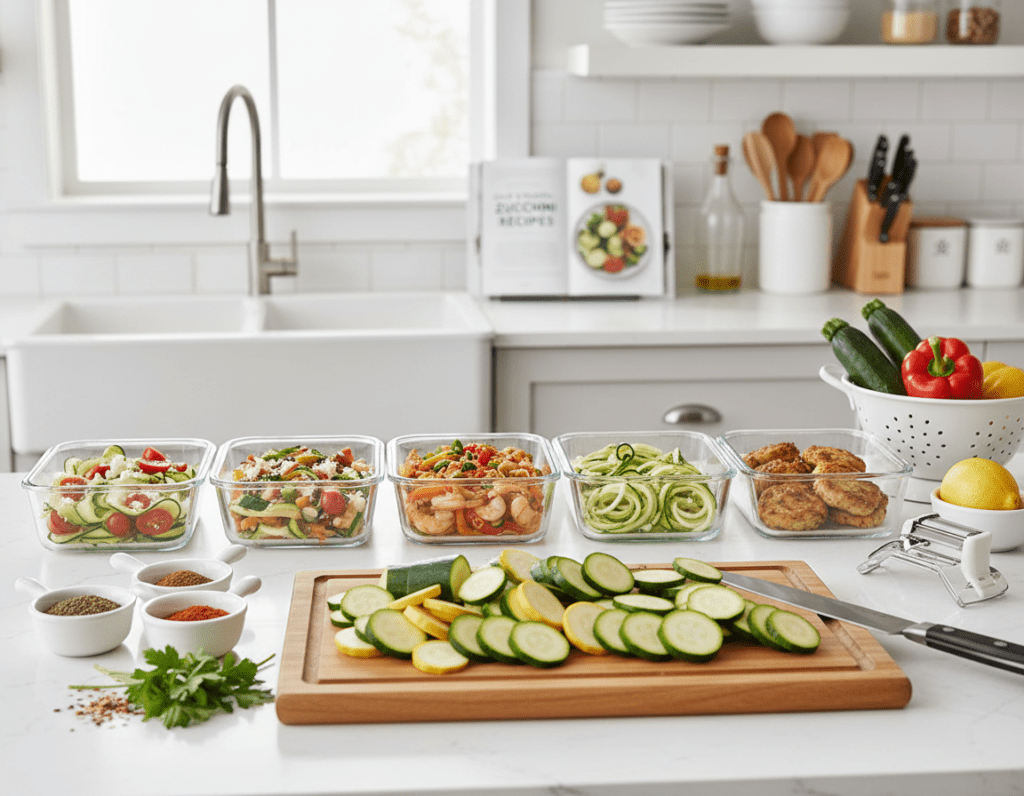 A beautifully organized kitchen countertop showcasing a variety of zucchini meal prep tips. In the foreground, a cutting board displays freshly chopped zucchini slices, accompanied by measuring cups filled with spices and herbs. In the middle ground, a collection of colorful meal prep containers are neatly arranged, some filled with delicious zucchini dishes like stir-fries and salads. In the background, soft natural light filters through a window, casting gentle shadows and creating a warm, inviting atmosphere. The kitchen is tidy, with fresh vegetables and utensils organized around, suggesting a quick and efficient meal prep session. The overall mood is bright, cheerful, and inspiring, encouraging viewers to enjoy quick and healthy zucchini recipes.