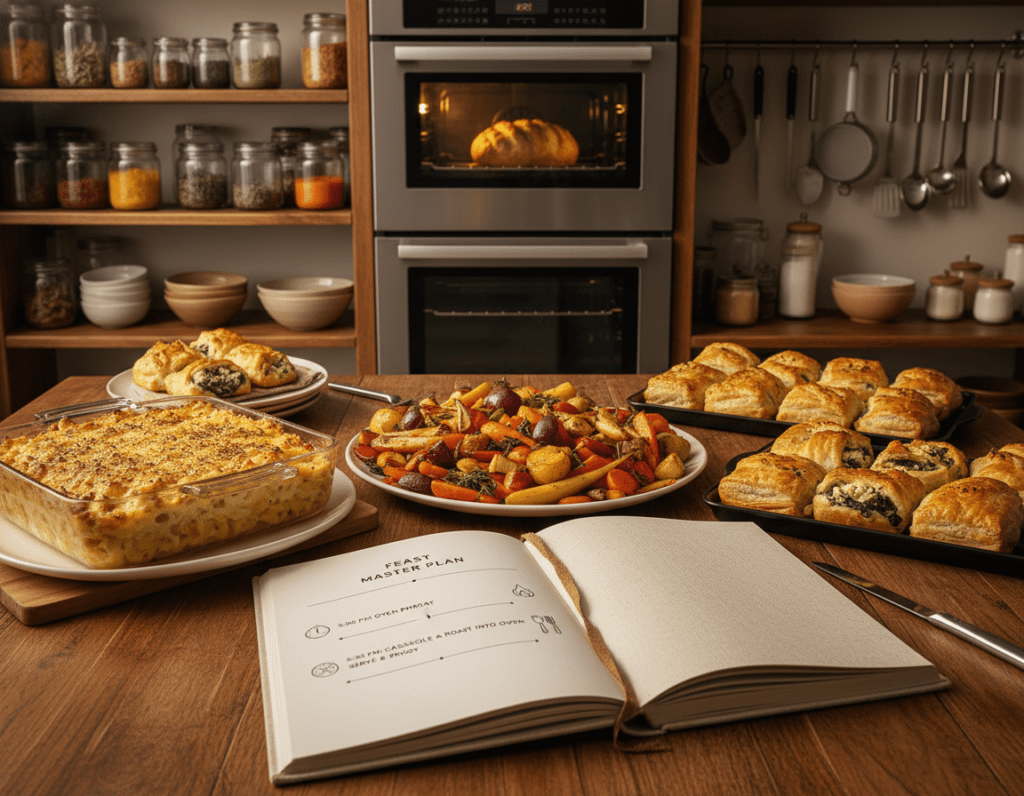 A beautifully organized kitchen scene featuring a wooden table set with an array of oven-baked dishes, showcasing vibrant and appetizing food such as casseroles, roasted vegetables, and savory pastries. In the foreground, a stylish recipe book is open, displaying a neatly organized timeline for warming and serving the dishes, illustrated with attractive icons. The middle ground features a sleek oven with golden-brown food inside, hinting at a warm, inviting atmosphere. The background shows kitchen shelves filled with spices and utensils, softly illuminated by warm, ambient lighting, creating a cozy and welcoming mood. The angle is slightly elevated, capturing the entire scene while ensuring clarity and focus on the delicious dishes and the preparation timeline.