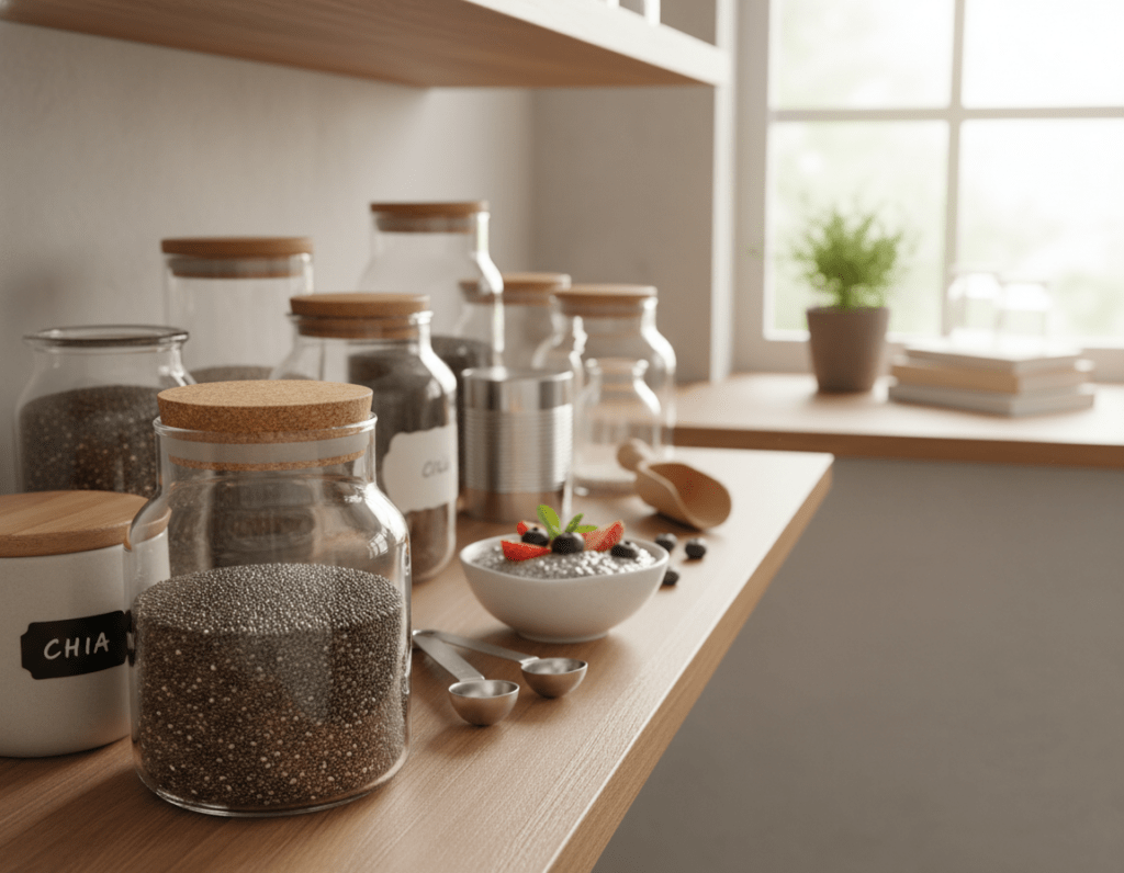 A beautifully organized kitchen shelf featuring jars filled with chia seeds, showcasing proper storage techniques. The foreground includes a clear glass jar with a tightly sealed lid, revealing the tiny black seeds within. The middle ground presents a wooden shelf with various other containers, some labeled, that hold chia seeds, alongside measuring spoons and a small bowl of soaked chia seeds mixed with fruits. The background features a soft-focused kitchen setting with natural light filtering through a window, creating a warm and inviting atmosphere. The scene is captured from a slightly elevated angle to highlight the arrangement and detail. The overall mood is serene and informative, perfect for illustrating proper storage tips.