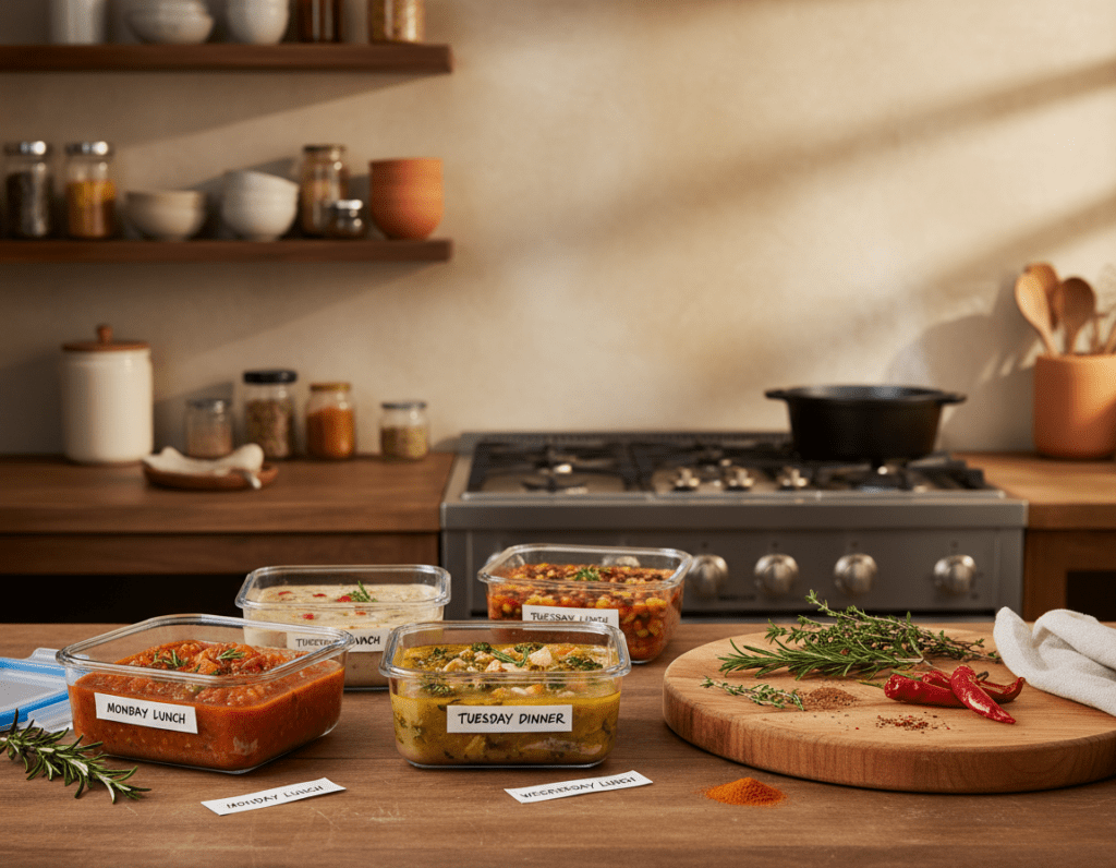 A beautifully organized meal prep scene showcasing various containers of hearty oven soup arranged on a wooden kitchen counter. In the foreground, there are vibrant, clear glass meal prep containers filled with colorful vegetables, beans, and broth, each labeled for easy identification. The middle ground features a rustic chopping board with leftover ingredients, like fresh herbs and spices, adding an inviting touch. In the background, a cozy kitchen setting with warm ambient lighting highlights wooden shelves filled with kitchen essentials and a pot simmering on the stove. The overall atmosphere is warm and homey, evoking a sense of healthy meal planning and comfort cooking, perfect for preserving the freshness and flavor of oven soup. The image captures a balanced composition with a focus on the containers, showcasing their importance in food storage. A beautifully organized meal prep scene showcasing various containers of hearty oven soup arranged on a wooden kitchen counter. In the foreground, there are vibrant, clear glass meal prep containers filled with colorful vegetables, beans, and broth, each labeled for easy identification. The middle ground features a rustic chopping board with leftover ingredients, like fresh herbs and spices, adding an inviting touch. In the background, a cozy kitchen setting with warm ambient lighting highlights wooden shelves filled with kitchen essentials and a pot simmering on the stove. The overall atmosphere is warm and homey, evoking a sense of healthy meal planning and comfort cooking, perfect for preserving the freshness and flavor of oven soup. The image captures a balanced composition with a focus on the containers, showcasing their importance in food storage.