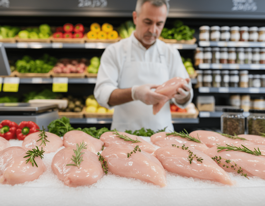 A beautifully organized meat counter in a grocery store, featuring high-quality chicken breasts displayed on ice. In the foreground, a selection of succulent, fresh chicken breasts, glistening with moisture, surrounded by garnishes of fresh herbs like rosemary and thyme. In the middle ground, a friendly butcher wearing a clean white apron and gloves, examining the chicken with professional focus, ensuring only the best cuts are showcased. The background reveals a well-stocked display of vegetables and spices, adding a colorful contrast. Soft, natural lighting illuminates the scene, creating a warm and inviting atmosphere, with a shallow depth of field to emphasize the chicken while slightly blurring the background. The overall mood is fresh, appetizing, and informative. A beautifully organized meat counter in a grocery store, featuring high-quality chicken breasts displayed on ice. In the foreground, a selection of succulent, fresh chicken breasts, glistening with moisture, surrounded by garnishes of fresh herbs like rosemary and thyme. In the middle ground, a friendly butcher wearing a clean white apron and gloves, examining the chicken with professional focus, ensuring only the best cuts are showcased. The background reveals a well-stocked display of vegetables and spices, adding a colorful contrast. Soft, natural lighting illuminates the scene, creating a warm and inviting atmosphere, with a shallow depth of field to emphasize the chicken while slightly blurring the background. The overall mood is fresh, appetizing, and informative.