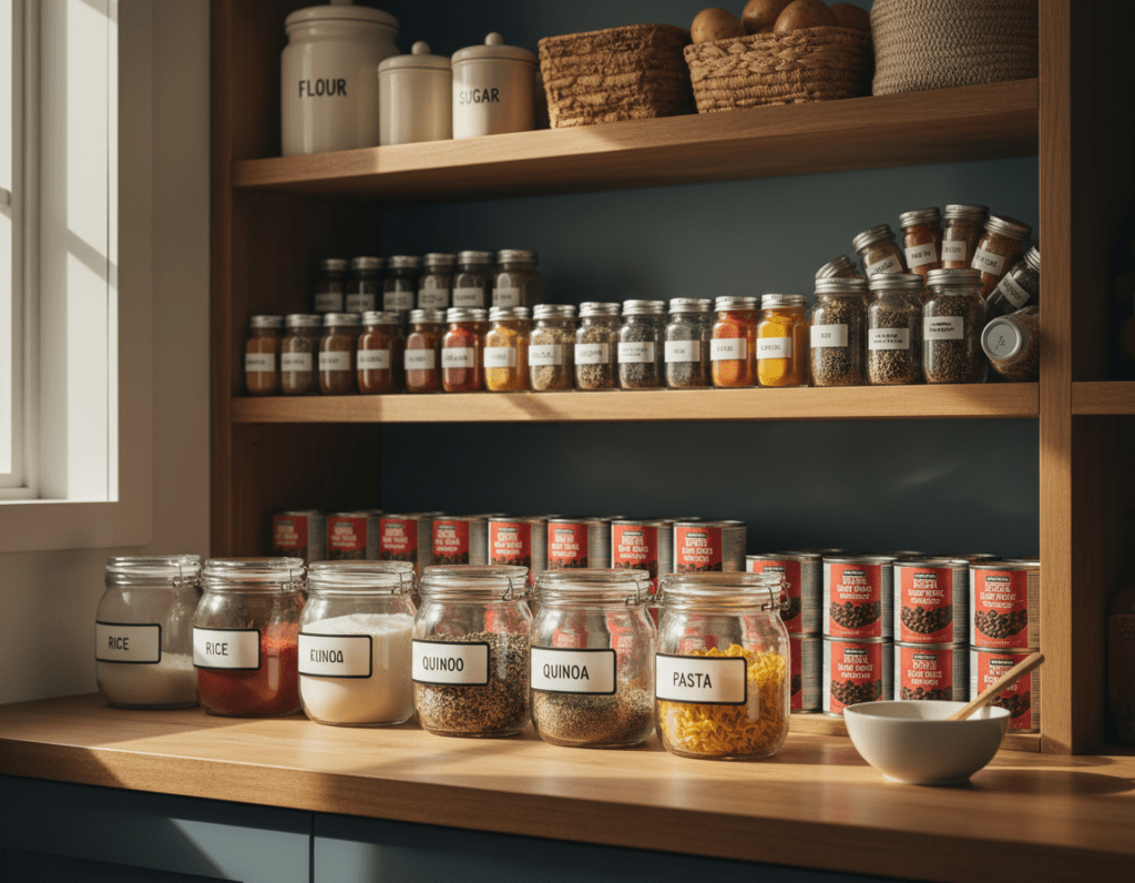 A beautifully organized pantry showcasing essential ingredients for a minimalist kitchen. In the foreground, several glass jars with labels containing grains like rice, quinoa, and pasta, neatly arranged. A wooden shelf in the middle holds colorful spices in small containers, while canned goods, such as tomatoes and beans, line the back. Soft, warm lighting fills the scene, casting gentle shadows and creating an inviting atmosphere. The overall mood is cozy and practical, evoking a sense of ease in cooking. The image is captured with a slight overhead angle, emphasizing the neat arrangement and abundance of basic cooking staples.