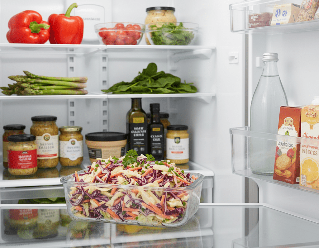 A beautifully organized refrigerator interior featuring a glass container of freshly made coleslaw in the foreground, with vibrant colors of shredded cabbage, carrots, and dressing visible. The coleslaw is topped with a sprinkle of fresh herbs for garnish. In the middle ground, shelves of the fridge display a variety of other fresh vegetables and condiments, all well-lit with soft, natural light to create a fresh and clean atmosphere. The background shows the fridge door slightly ajar, revealing a selection of beverages and snacks. The overall mood is inviting and refreshing, emphasizing the idea of proper food storage and showcasing the vibrant colors of the coleslaw. The image should be shot from a slightly elevated angle to capture the depth of the refrigerator. A beautifully organized refrigerator interior featuring a glass container of freshly made coleslaw in the foreground, with vibrant colors of shredded cabbage, carrots, and dressing visible. The coleslaw is topped with a sprinkle of fresh herbs for garnish. In the middle ground, shelves of the fridge display a variety of other fresh vegetables and condiments, all well-lit with soft, natural light to create a fresh and clean atmosphere. The background shows the fridge door slightly ajar, revealing a selection of beverages and snacks. The overall mood is inviting and refreshing, emphasizing the idea of proper food storage and showcasing the vibrant colors of the coleslaw. The image should be shot from a slightly elevated angle to capture the depth of the refrigerator.