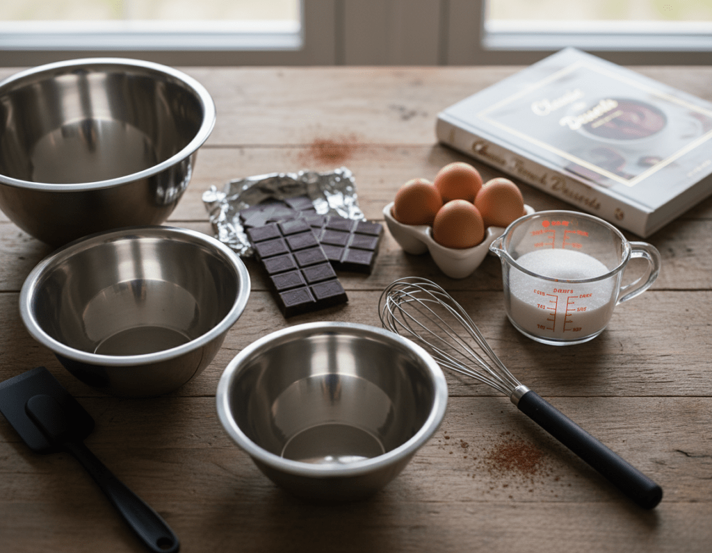 A beautifully organized top-down view of essential kitchen utensils for preparing Mousse au Chocolat. In the foreground, sleek stainless steel mixing bowls, a whisk, and a rubber spatula are arranged neatly. The middle layer features high-quality chocolate bars, eggs, and a measuring cup filled with sugar, all presented on a rustic wooden countertop. In the background, soft natural light filters through a window, casting gentle shadows and enhancing the warm, inviting atmosphere. Include a stylish recipe book partially visible, adding context without distraction. The scene is serene and sophisticated, evoking a sense of culinary elegance and creativity in preparing this classic dessert. The focus should be sharp, with a slight bokeh effect on the background elements for depth.