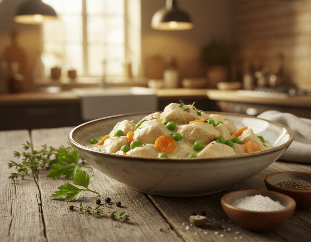 A beautifully plated Hühnerfrikassee, showcasing succulent pieces of tender chicken, surrounded by a creamy white sauce dotted with vibrant green peas and sliced carrots. In the foreground, a rustic wooden table with a sophisticated ceramic bowl, emphasizing simplicity and elegance. In the middle ground, there’s a small assortment of spices and herbs like thyme and parsley, hinting at flavor. The background features a softly blurred kitchen setting, with warm, golden lighting creating a cozy atmosphere. A shallow depth of field focuses on the dish, enhancing its appeal, while the soft light highlights the textures of the chicken and vegetables, evoking a warm, inviting mood perfect for comfort food.