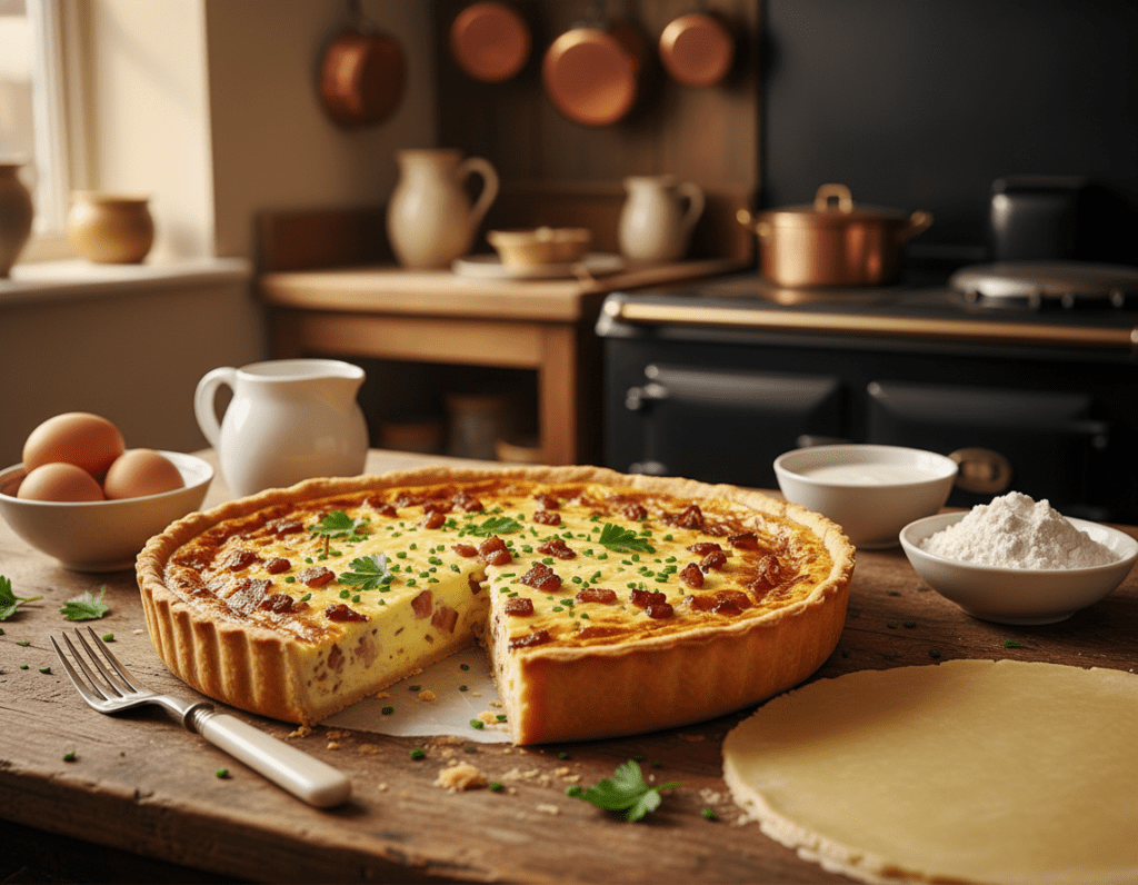 A beautifully plated Quiche Lorraine sits on a rustic wooden kitchen table, with slices cut out to reveal the rich filling of creamy custard, crispy bacon, and golden cheese. In the foreground, a delicate fork rests beside the quiche, while a subtle sprinkle of fresh herbs adds a touch of color. The middle of the scene features the quiche prominently, surrounded by colorful ingredients like eggs, cream, and pie crust, emphasizing the fresh components of this classic dish. In the background, a softly lit kitchen setting provides a warm and inviting atmosphere, with hints of kitchen utensils and a hint of an oven. The scene is bathed in natural, warm light, creating a cozy, home-cooked feel that highlights the tradition and comfort of this original recipe.