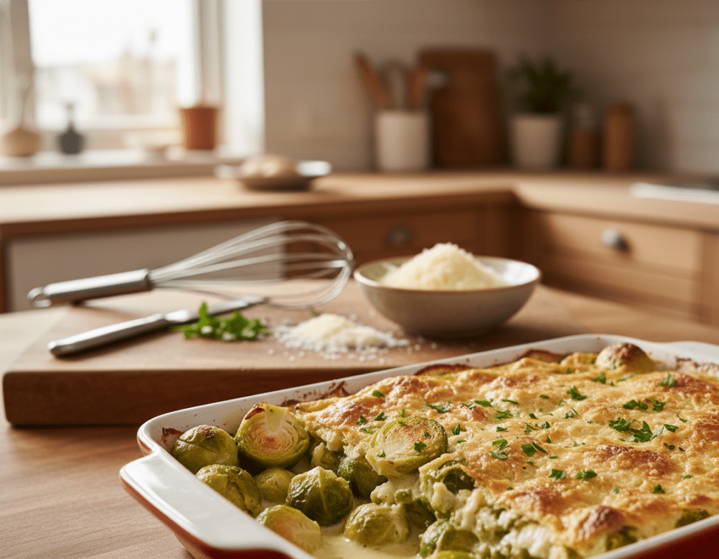 A beautifully plated Rosenkohl-Auflauf (Brussels sprout casserole) as the focal point in the foreground, showcasing layers of tender Brussels sprouts enveloped in creamy Béchamel sauce, lightly browned on top with a golden crust. The dish is garnished with fresh parsley, adding a pop of green. In the middle ground, there are rustic kitchen elements: a wooden cutting board, a whisk, and a bowl of grated cheese. The background features a softly blurred, warm kitchen setting with wooden cabinets and warm lighting that creates a cozy and inviting atmosphere. The shot is captured from a slightly elevated angle, emphasizing the dish while maintaining a homely vibe, perfect for showcasing classic recipes.